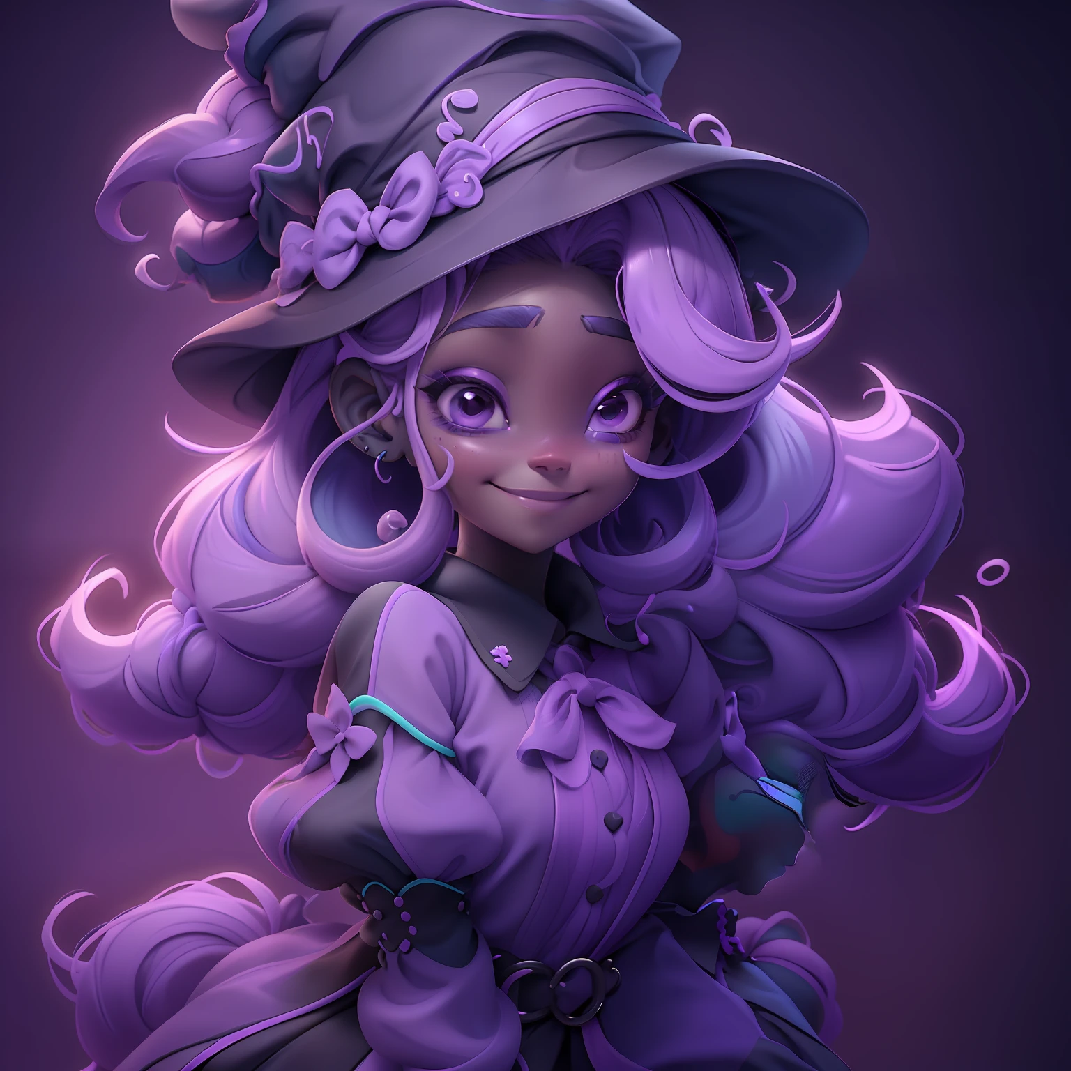 menina velho, (velho), Slime cabelo bun estilo de cabelo, dark purple and lilac gum, witch hat, sorrindo, fofa e delicada, roupas rave com detalhes neon, master part, best quality