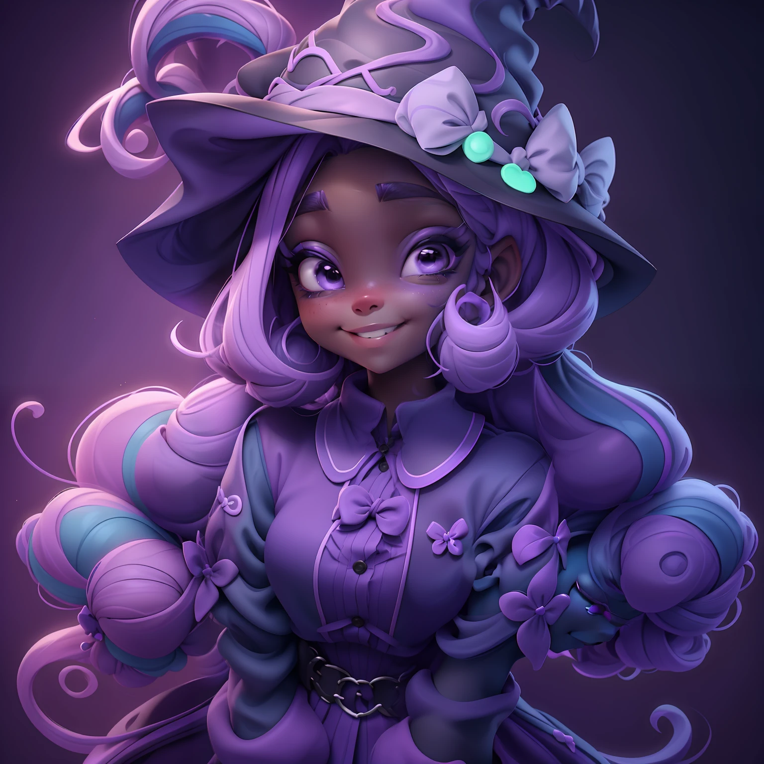 menina velho, (velho), Slime cabelo bun estilo de cabelo, dark purple and lilac gum, witch hat, sorrindo, fofa e delicada, roupas rave com detalhes neon, master part, best quality