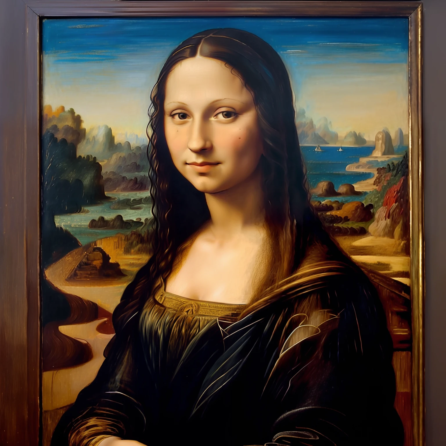 Painting of a woman with long hair and in a black dress, Painting by Mona Lisa, Painting by Mona Lisa, Mona Lisa Style, portrait of Mona Lisa, Similar to Mona Lisa, Mona Lisa, In the style of Leonardo da Vinci, Leonardo da Vinci style, ((Mona Lisa)), Monalisa, ( Leonardo da Vinci ), Painting da Vinci, Painting Leonardo da Vinci