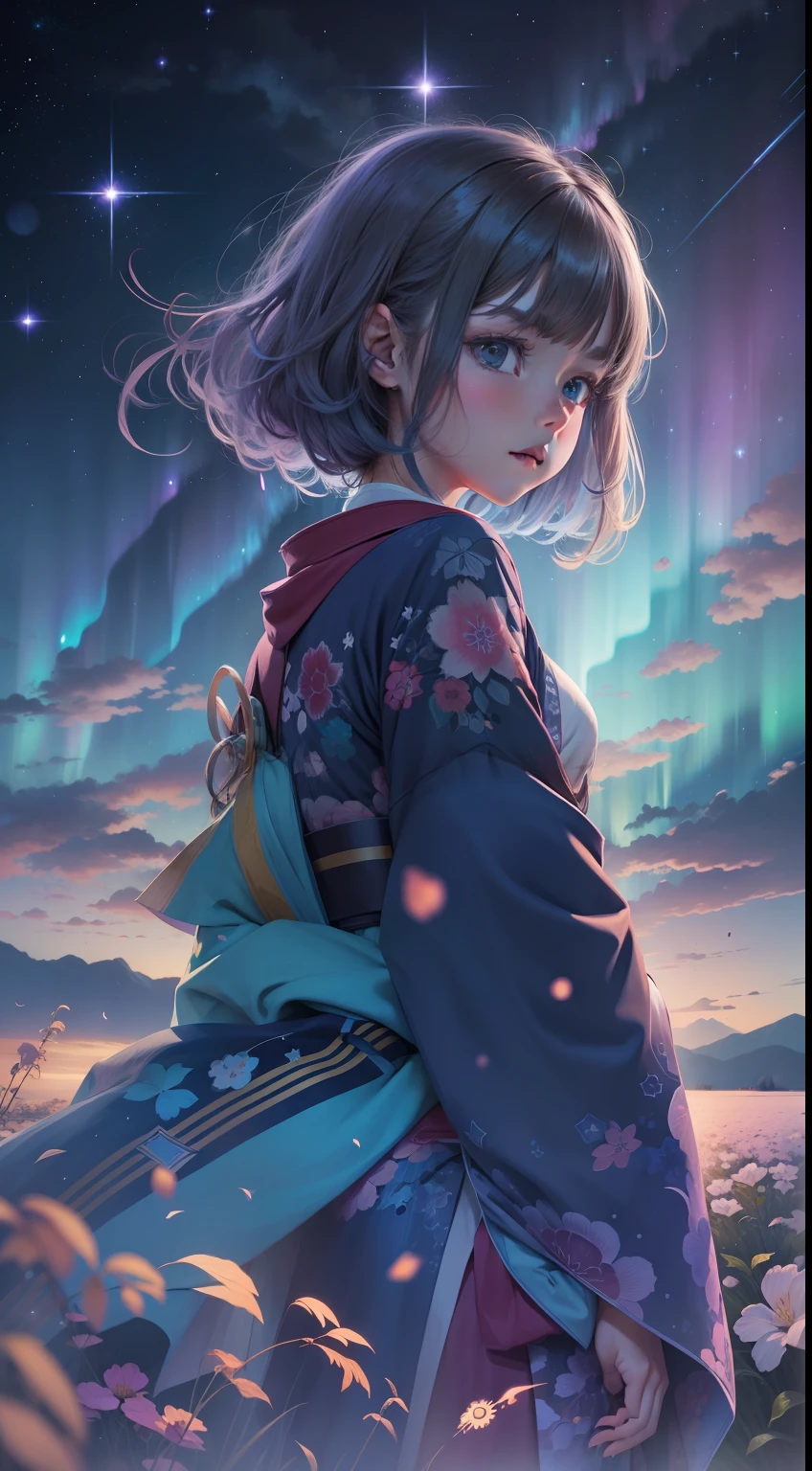 1girl,A girl from afar gazing at the stars in a kimono,(zoomout:1.1),(meteor shower:1.2),(comets:1.ur name,low angles,From behind,aurora borealis,meteors,bathrobe,blue kimono,SakuraNS,standing in a field,Best quality at best,tmasterpiece,clouds,Colorful,Starry,As estrelas,The girl is in the lower right corner