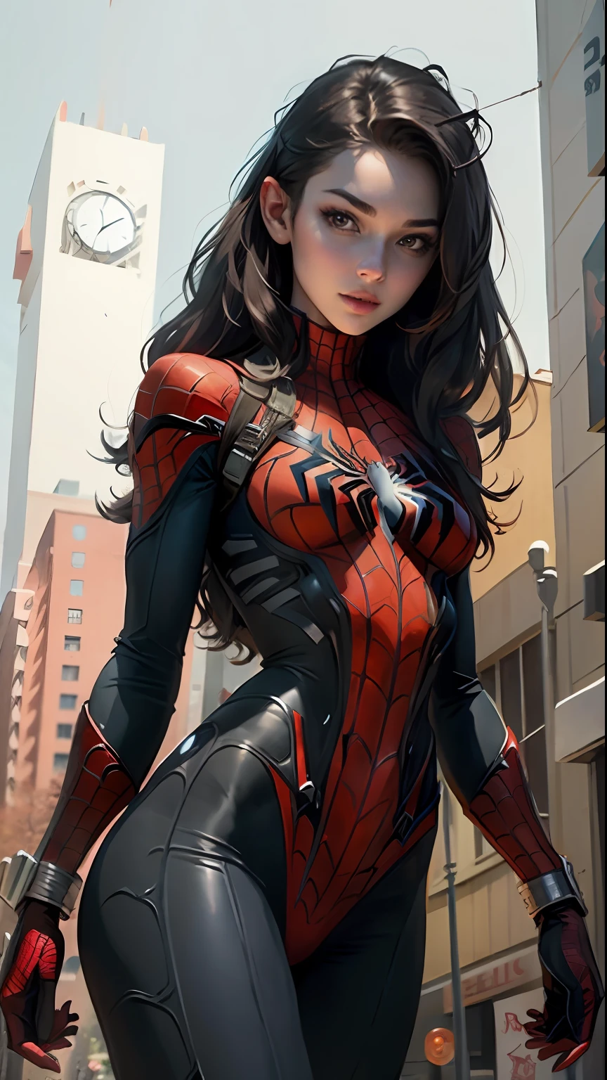 Beautiful woman detailed defined body using spider man cosplay, small breasts