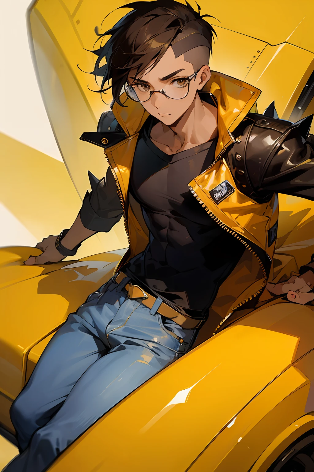 (masterpiece), best quality, expressive eyes, perfect face, young adult male, glasses, tanned skin, Asian, brown eyes, slightly long spikey fade haircut, yellow futuristic jacket, black t-shirt, jeans trousers