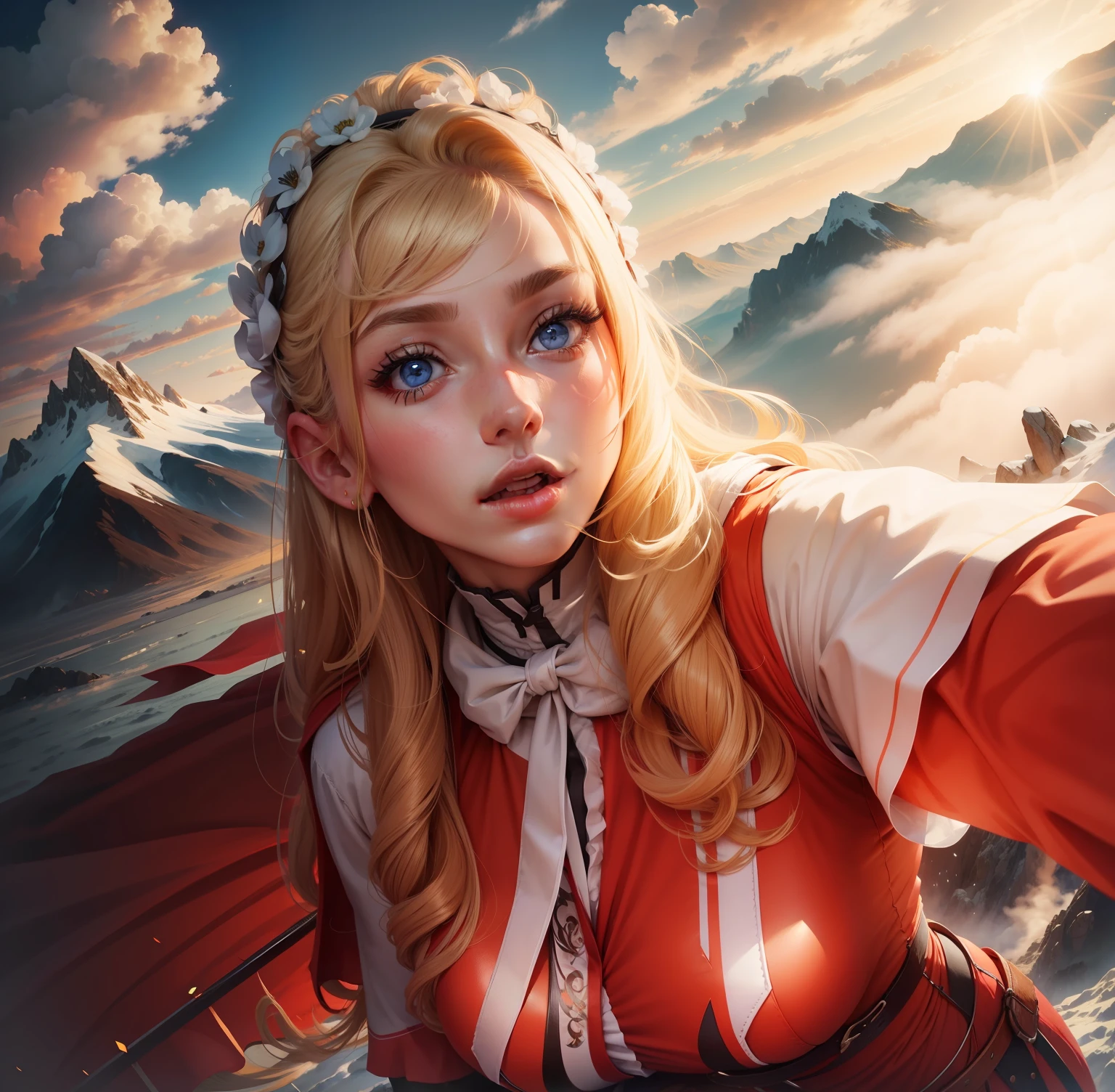 At the top of Mount Selfie in beautiful clothes, blonde woman