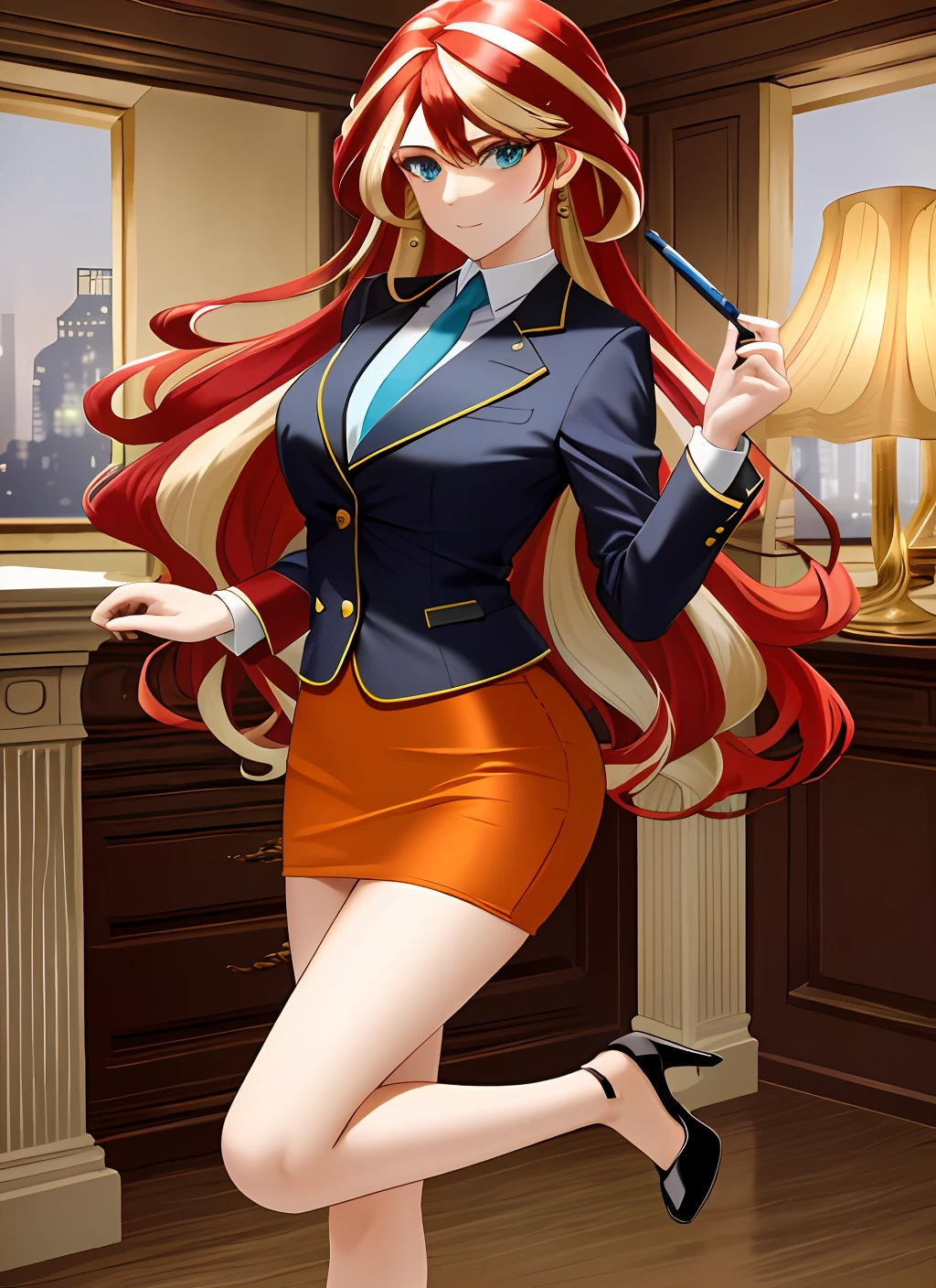 ((best quality)), ((highly detailed)), masterpiece, (detailed eyes, deep eyes), (1girl), SunsetHuman, (multicolored hair, (two-tone hair:1.1), red and blonde hair), BREAK, aqua eyes, orange skirt suit, pencil skirt, tight skirt, bare legs, high heels, full body, office