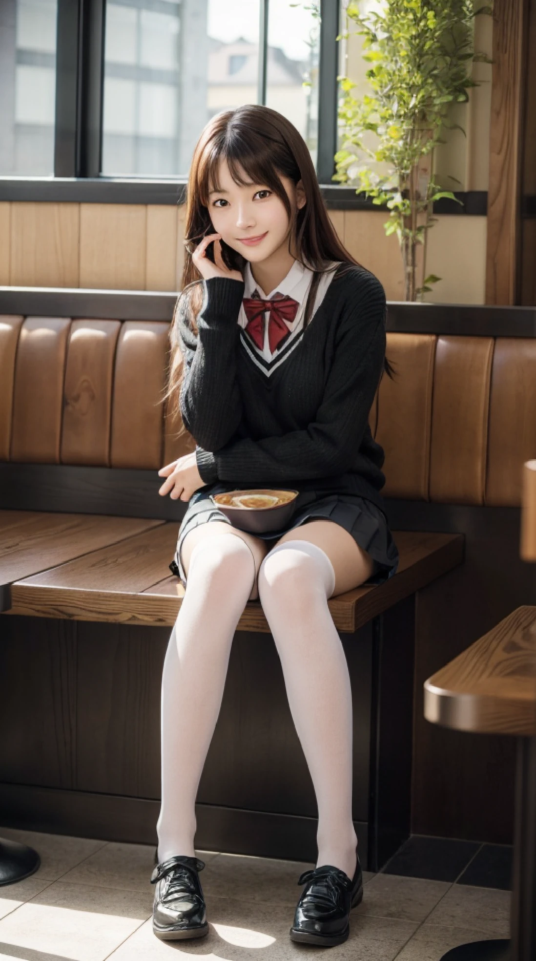 Anime girl in uniform talking on mobile phone in living room, nagatoro, Realistic Schoolgirl, magical school student uniform, iwakura lain, shikamimi, beautiful anime high school girl, Hinata Hyuga, nishimiya shouko, Smooth Anime CG Art, visual novel cg, Kantai Collection Style, Seifuku, Kimi Takemura, 8k uhd, dslr,film grain, Fujifilm XT3,(best quality:1.3), (masterpiece:1.1), high resolution, cinematic light, intricate details, (photorealistic),outside,beautiful outside,sunny,
korean girl,(in cafe:1.5) , dimples, bobcut, looking at viewer, detailed trees, ribbons, bowties, bare shoulders, ribbed sweater, 
pencil skirt, high-waist skirt, head rest, sitting, indoors,
 necklace,black pantyhose, sheet transportation sweater, (smile),(full body:1.6),slender,