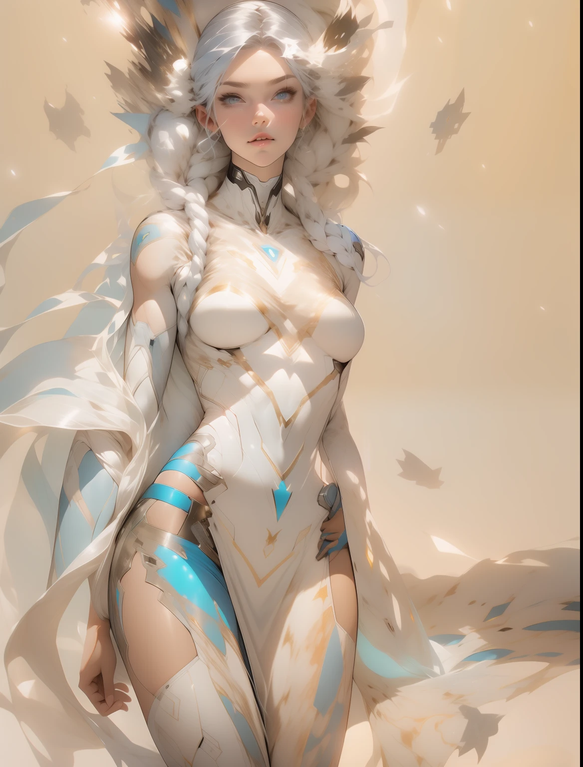 ((Best quality)), ((Masterpiece)), (Detailed: 1.4), (Absurd), War-ready female fighter pilot, White skin, flash dc comics, Lightning and lightning, muscular sculptural body defined, White throughout, half-thick naked thighs, Closed mouth, The muscular body is covered in white technical clothing, white environment,Single pure,Neon Genesis Evangelion style, Cyberpunk, generous neckline, ((perfect medium breasts)), (Ultra-light blue eyes,), ((All white)), (((white hair with braid))), long eyelashes heavy makeup, niji --V5, near the real, Sexy pose, White background environment,Bright lighting,The light is even, White, Centered, Scale to fit the dimensions, hdr (HighDynamicRange), Ray tracing,NVIDIA RTX,Hyper-Resolution,Unreal 5,Subsurface dispersion, PBR Texture, Post-processing, Anisotropic filtering, Depth of field, Maximum clarity and sharpness, Many-Layer Textures, Albedo and specular maps, Surface coloring, Accurate simulation of light-material interaction, Perfect proportions, rendering by octane, Two-tone lighting, Wide aperture, Low ISO, White balance, Rule of thirds, 8K raw data, crysisnanosuit