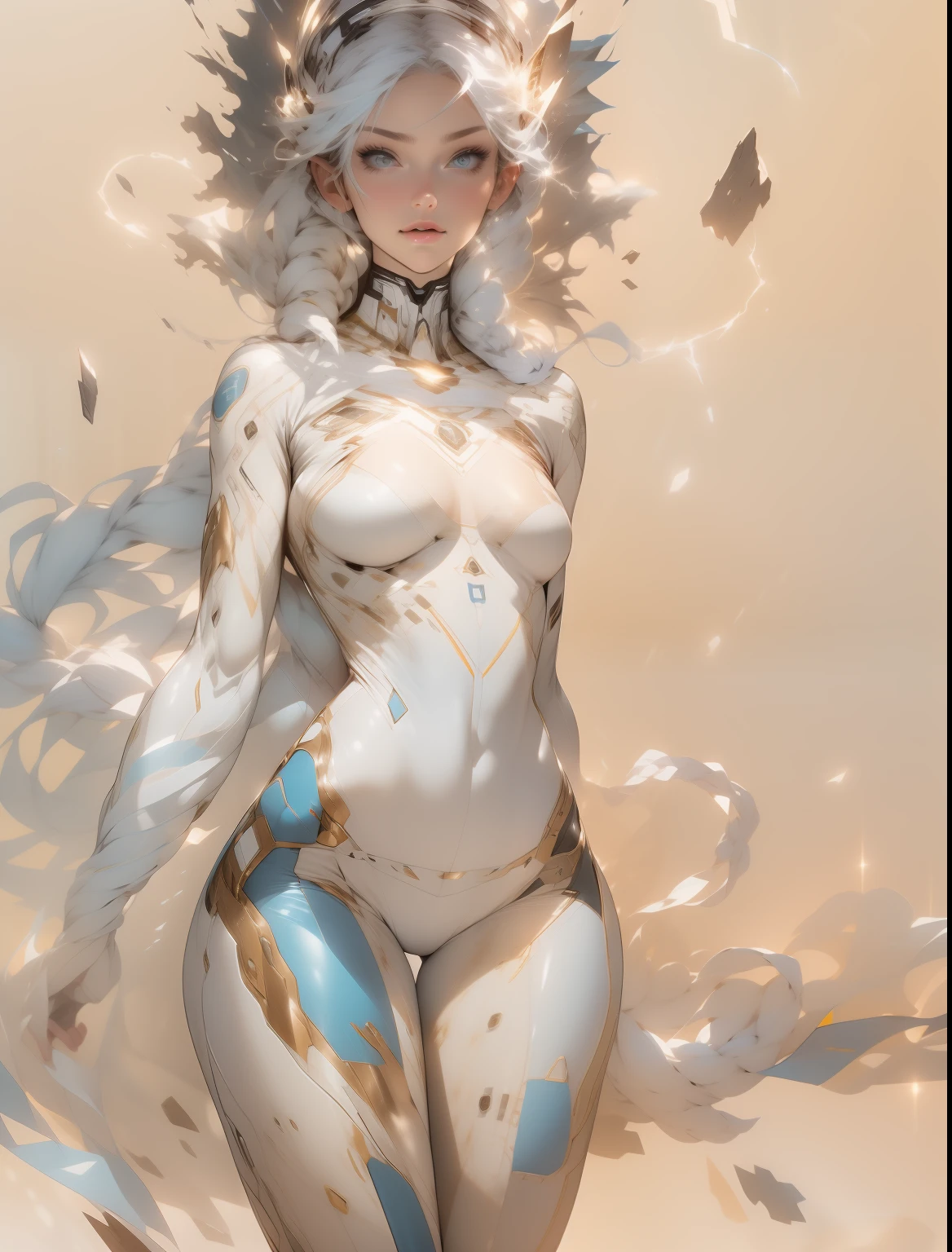 ((Best quality)), ((Masterpiece)), (Detailed: 1.4), (Absurd), War-ready female fighter pilot, White skin, flash dc comics, Lightning and lightning, muscular sculptural body defined, White throughout, half-thick naked thighs, Closed mouth, The muscular body is covered in white technical clothing, white environment,Single pure,Neon Genesis Evangelion style, Cyberpunk, generous neckline, ((perfect medium breasts)), (Ultra-light blue eyes,), ((All white)), (((white hair with braid))), long eyelashes heavy makeup, niji --V5, near the real, Sexy pose, White background environment,Bright lighting,The light is even, White, Centered, Scale to fit the dimensions, hdr (HighDynamicRange), Ray tracing,NVIDIA RTX,Hyper-Resolution,Unreal 5,Subsurface dispersion, PBR Texture, Post-processing, Anisotropic filtering, Depth of field, Maximum clarity and sharpness, Many-Layer Textures, Albedo and specular maps, Surface coloring, Accurate simulation of light-material interaction, Perfect proportions, rendering by octane, Two-tone lighting, Wide aperture, Low ISO, White balance, Rule of thirds, 8K raw data, crysisnanosuit