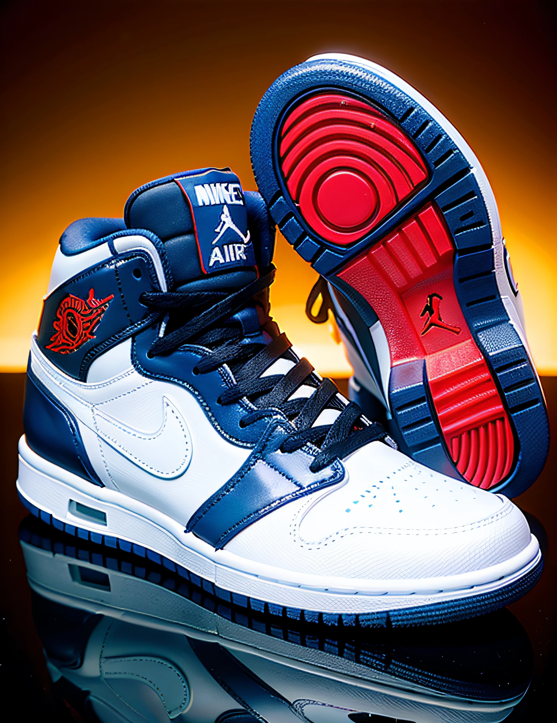 make an advertising for nike air jordan shoes pair in studio with proper lightening, realistic, 4k