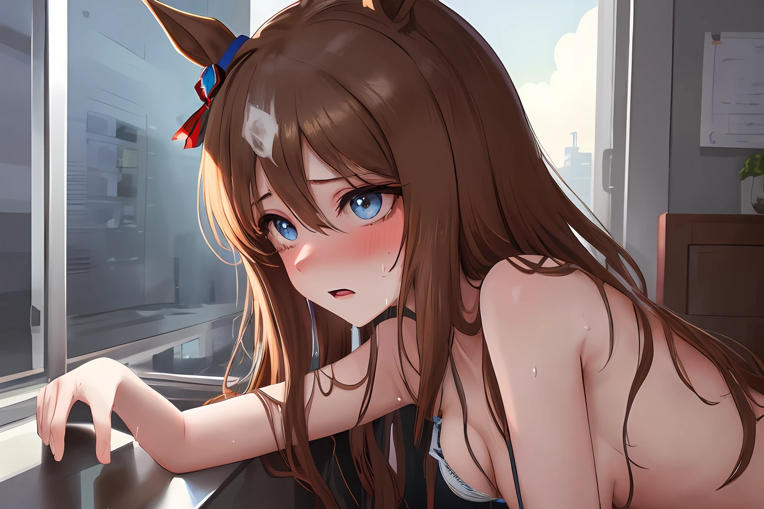 masterpiece, top-quality, 4K,Hi-Res, 1girl in, Marl, Glass Wonder(Umamusume),,A tremendous amount of sweat, hair between eye,{{{small tits}}},cleavage of the breast, brown haired,A sexy,embarassed face,light blue eyes,A detailed eye,red blush,Blue underwear,{{{undergarment}}},an lingerie,Upper body naked,Lower body naked,natta,de pele branca,Vulgarity,{{{all-fours}}},Ventral position,Kamimei,