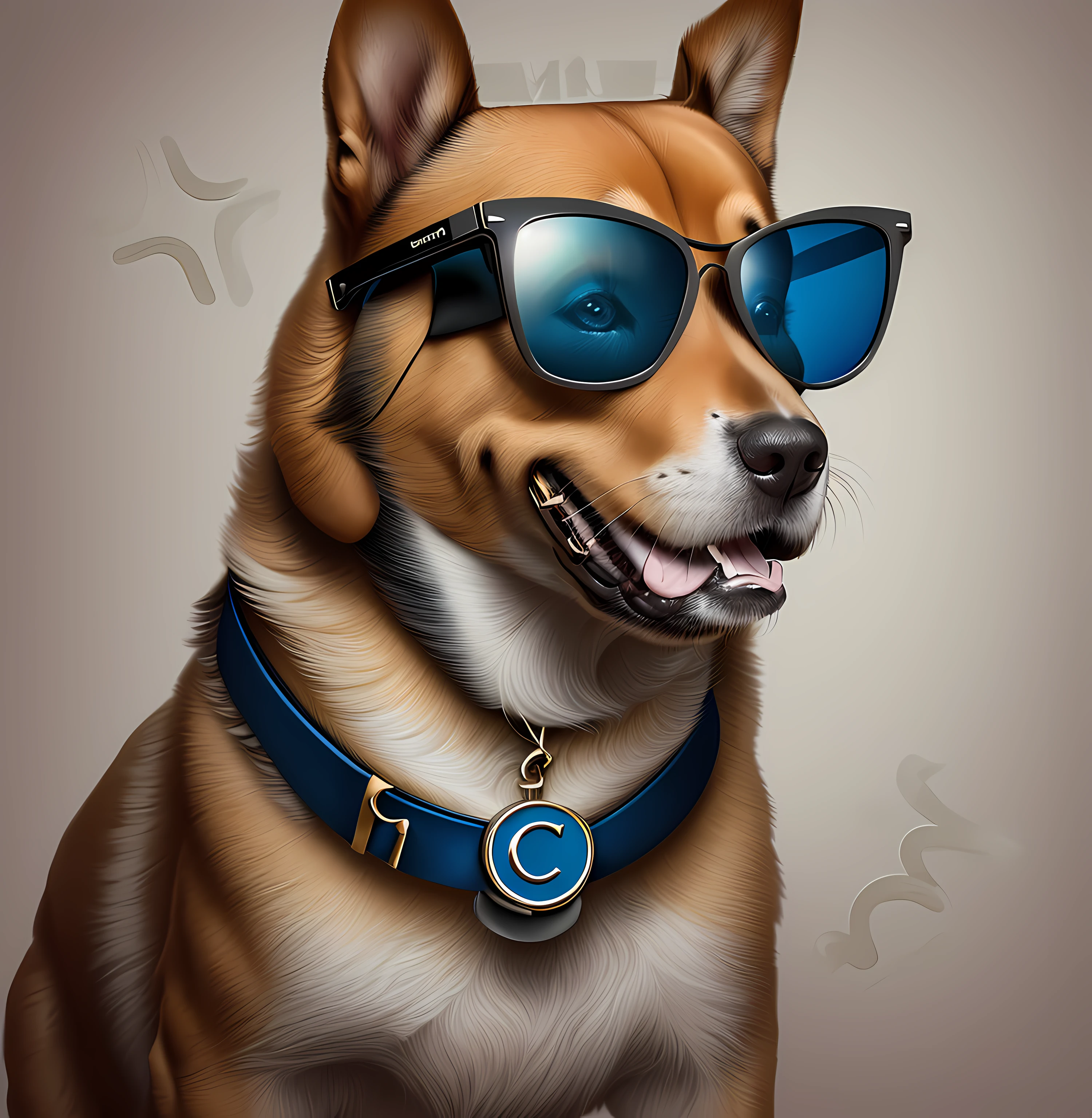 Cachorro usando coroa, sunglasses, colar com um pingente em forma com a letra C no centro, detalhes intrincados, highes definition