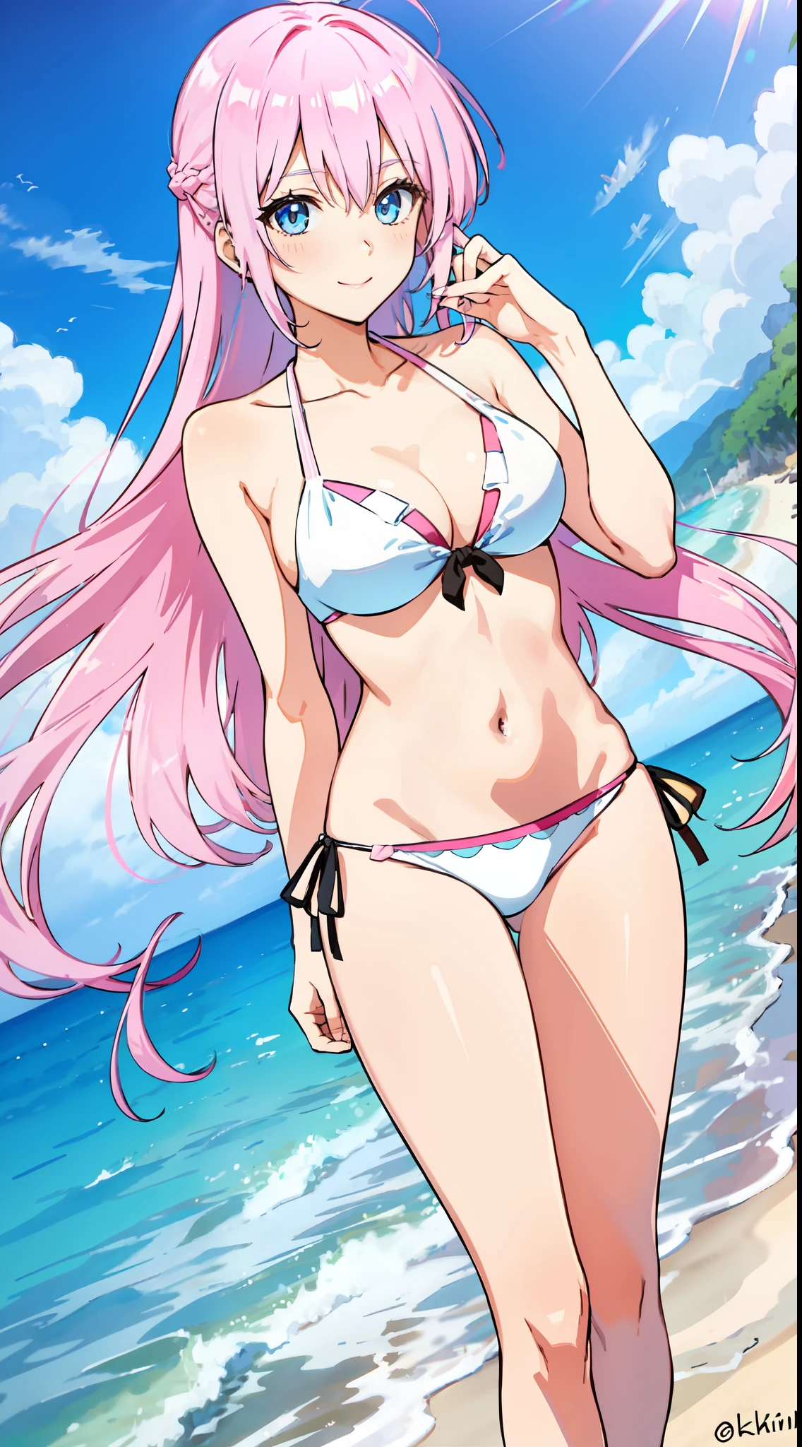 shikimori, slim legs,  beautiful eyes, blue eyes, happy, pink hair, long hair, white side tie bikini, beach