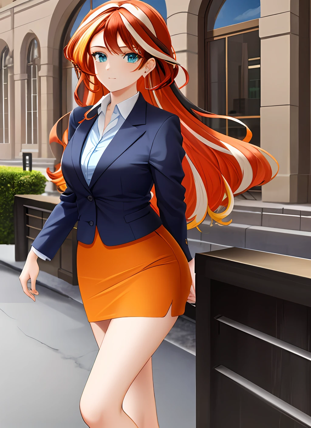 ((best quality)), ((highly detailed)), masterpiece, (detailed eyes, deep eyes), (1girl), SunsetHuman, (multicolored hair, (two-tone hair:1.1), red and blonde hair), BREAK, aqua eyes, orange skirt suit, orange blazer, orange skirt, pencil skirt, tight skirt, bare legs, high heels, full body, office