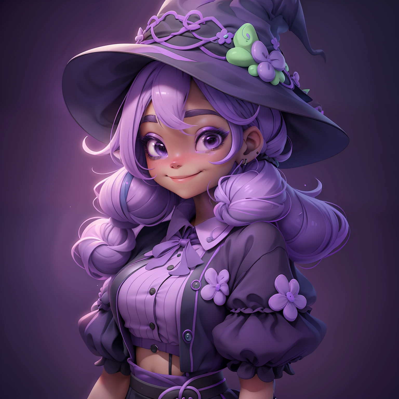  velho, (velho), Slime cabelo bun estilo de cabelo, dark purple and lilac gum, witch hat, sorrindo, fofa e delicada, roupas rave com detalhes neon, gato preto fofo, morcego pequeno e delicado, master part, best quality