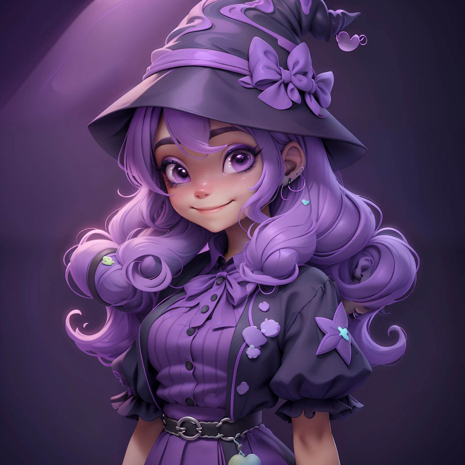 menina velho, (velho), Slime cabelo bun estilo de cabelo, dark purple and lilac gum, witch hat, sorrindo, fofa e delicada, roupas rave com detalhes neon, gato preto fofo, morcego pequeno e delicado, master part, best quality