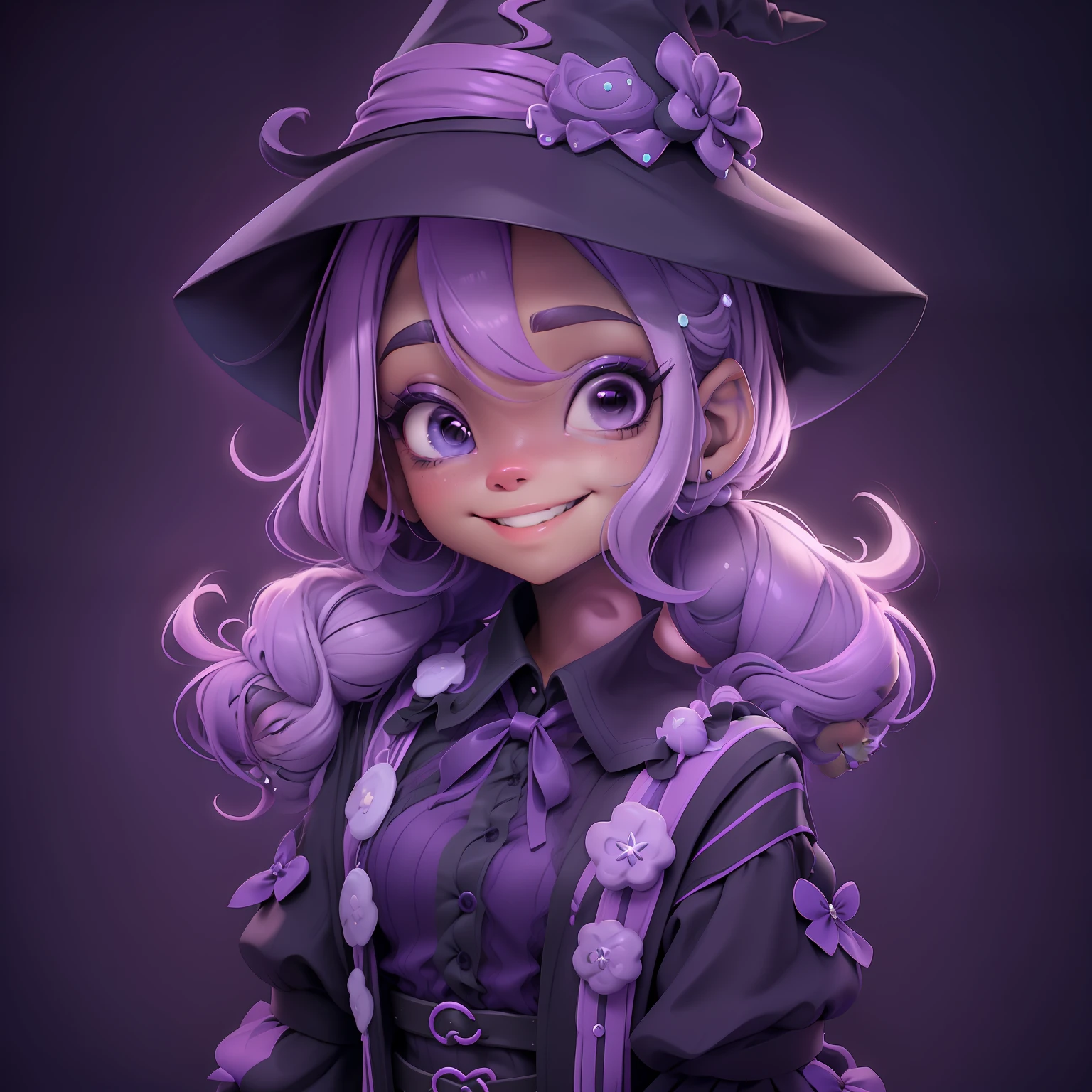 menina velho, (velho), Slime cabelo bun estilo de cabelo, dark purple and lilac gum, witch hat, sorrindo, fofa e delicada, roupas rave com detalhes neon, gato preto fofo, morcego pequeno e delicado, master part, best quality