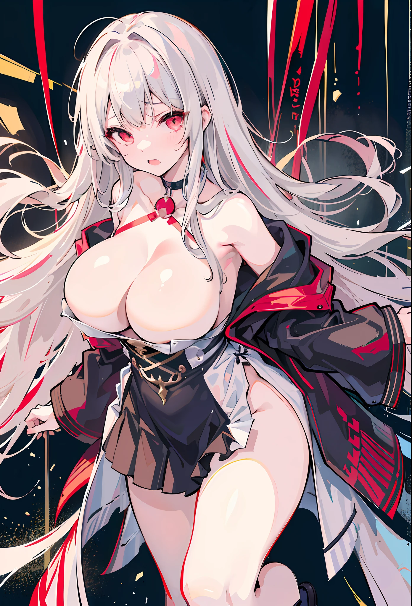 One girl, ((Colossal tits: 1.5)), ((fullnude: 1.4)), ((Hi-Res)), ((masuter piece)), ((Best Quality)), (Very detailed)), Large file size, fulcolor, Detailed background, long white hair, Red Eyes, (eye line), teats, open air, Night, embarassed expression, yandere, kitchen knife