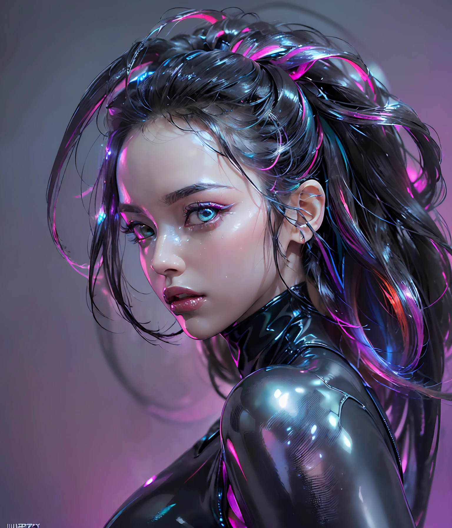 (((Perfect Portrait shot of Girl))), ((extremely long flowing curly cyberpunk hair)), best image quality, masterpiece, super high resolution, (fidelity:1.4), photo, (((1 girl))) dim, darkness, movie, (translucent futuristic black outfit and clothes:1.5), (translucent clothes:1.4), ((cyberpunk)), cyber gear, ((robot)), apocalypse, futuristic, (((overly large hanging breasts))), ((perfect and sharp facial features ((portrait)), (((dynamic shot))), ((perfect body)), ((award winning super realistic photo)), (((extremely tight reflective shiny latex))), textured pastel color background, colourful, vibrant, ((gorgeous perfect multicoloured reflective eyes))