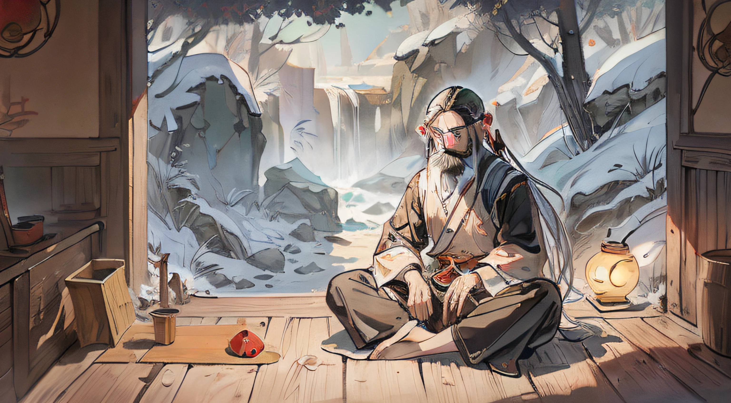 A fairy-spirited Taoist priest，Dressed as a Taoist priest，Long beard，Fairy wind road bone，A old man，Alchemy furnace，dojo，sandalwood