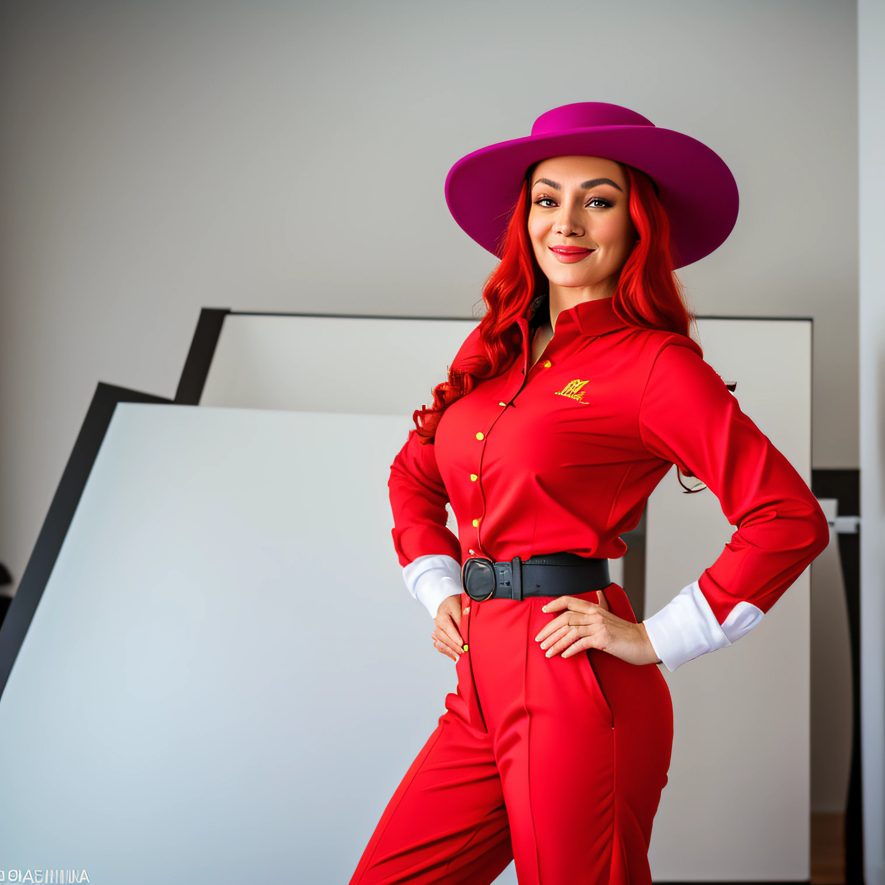 uma foto de mulher ruiva, (Detailed Face), (olhos perfeitos: 1.1), (pele altamente detalhada: 1.1), sorridente, corpo magro, wearing a red suit with a purple bowler hat, camiseta branca sob o terno, fotografia de moda, fundo branco, fotorrealista, realista, (Standing in a studio), fundo branco, RAW, analogue, foco nítido, 8k, alta resolução, DSLR, alta qualidade, Fujifilm XT3, grain, premiado, obra-prima, holding the brim of the hat with one hand