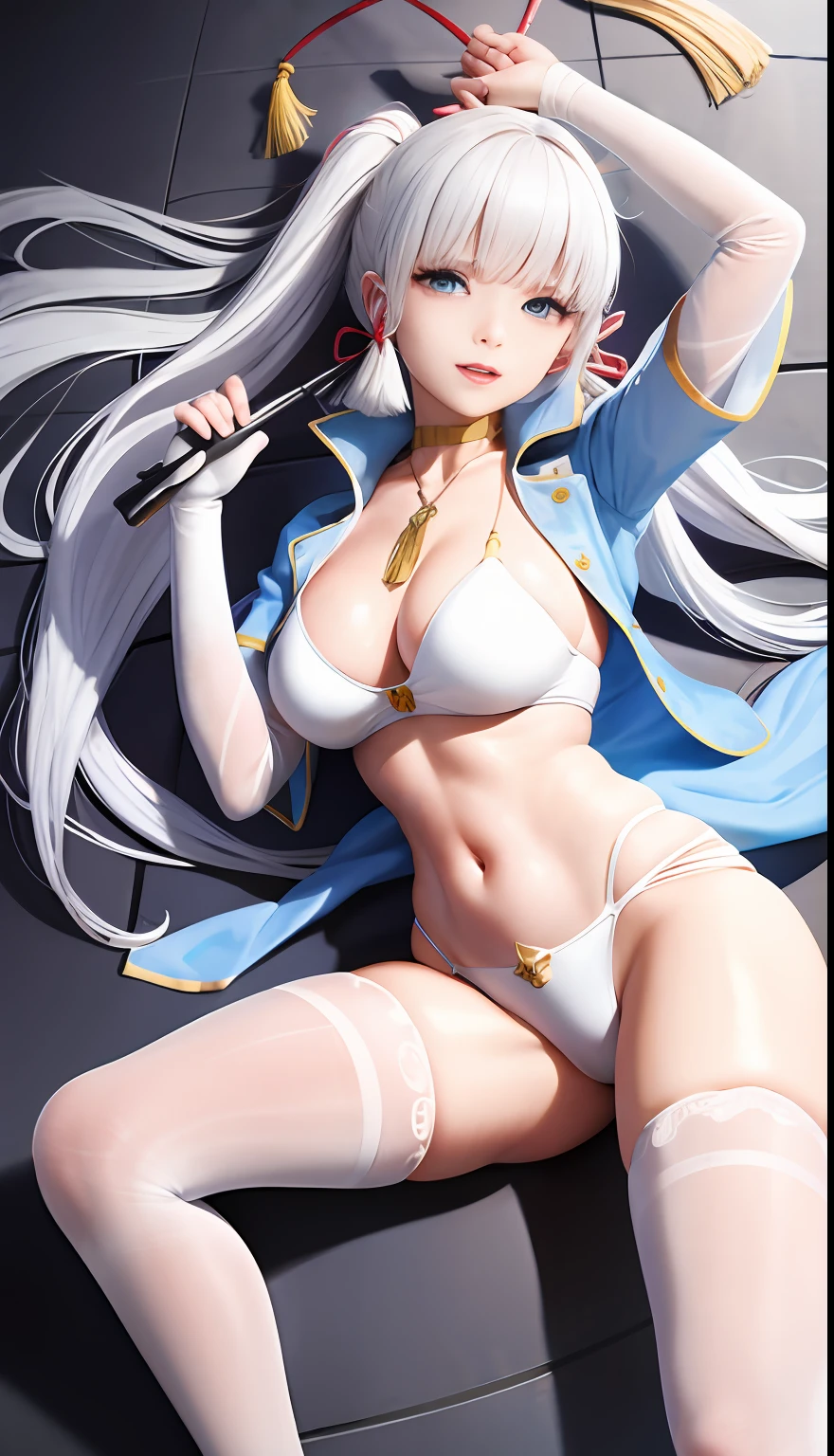 A woman in a white bikini and white stockings poses for a photo, Anime girl cosplay, Anime goddess, cosplay, elegant glamourous cosplay, Anime cosplay, Japanese goddess, Beautiful goddess, seductive anime girls, full-cosplay, Gorgeous Role Play, glamourous cosplay, cosplay foto, Ayaka cosplay, Beautiful age girl, a beautiful fantasy empress, dressed in a beautiful white, revealing outfit,(Big red snowflake tattoo on the lower abdomen)