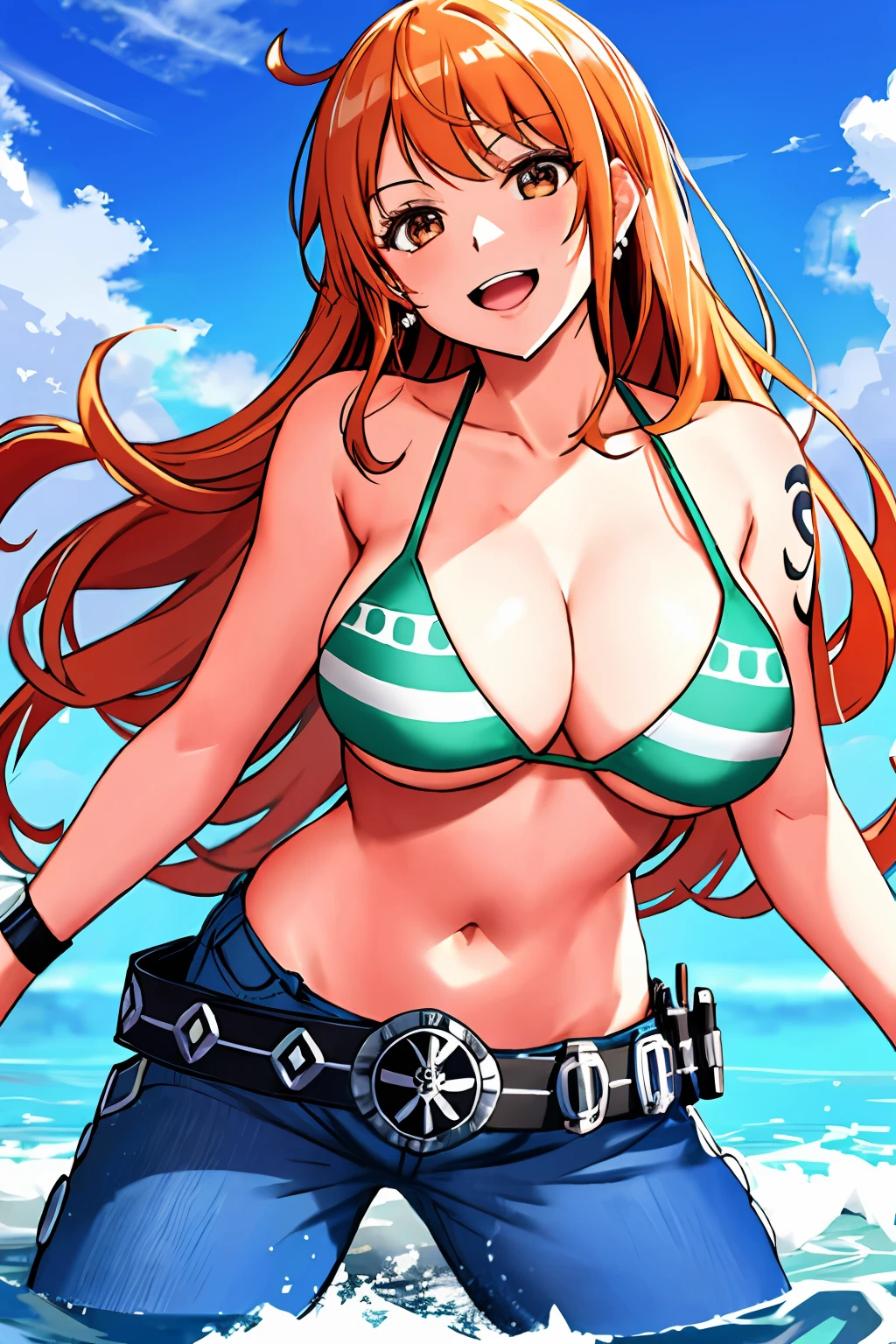 detailed background, masterpiece, 4k, epic, best quality, cheerful, late youth, adult, milf, athlete body, 1girl, active, energic, ((wide open mouth, folded legs, smile, lying on the ground, fully lying down, open eyes, hands spread sideway, jumping)) , solo, nami \(one piece\), 1girl, bangle, (very missy hair, tired, open mouth, feeling hot, tilting head, both hands spreadeagled, serious, hurt, glaring, open eyes, looking up, perfect detailed face, detailed round face) bold drawing lines, muscular arms, detailed bold body lines, flat jaw, adult woman, (wavy wide streaked bangs, floating bang, long left bangs ) (big cheeks), bare shoulders, off-shoulders, belt, bikini, bikini top only, blue sky, bracelet, springy breasts, breast lines, big round eyes, very big brown shiny eyes, bubbles, high eye position, cleavage, cloud, day, denim, earrings, floating hair, wavy hair, shiny hair, green belt, green bikini, bold groin lines, straw hat, long jeans, jewelry, medium breasts, log pose, long hair, looking at viewer, long navel, wet hair, orange hair, pants, shoulder tattoo, sidelocks, sky, solo, stomach, swimsuit, tattoo, detailed left arm, big forehead, hourglass figure, small head, toned body, wide hair, wind effect, sun effect, under the sun, narrow small ears angle, older, straight shot, water splashes