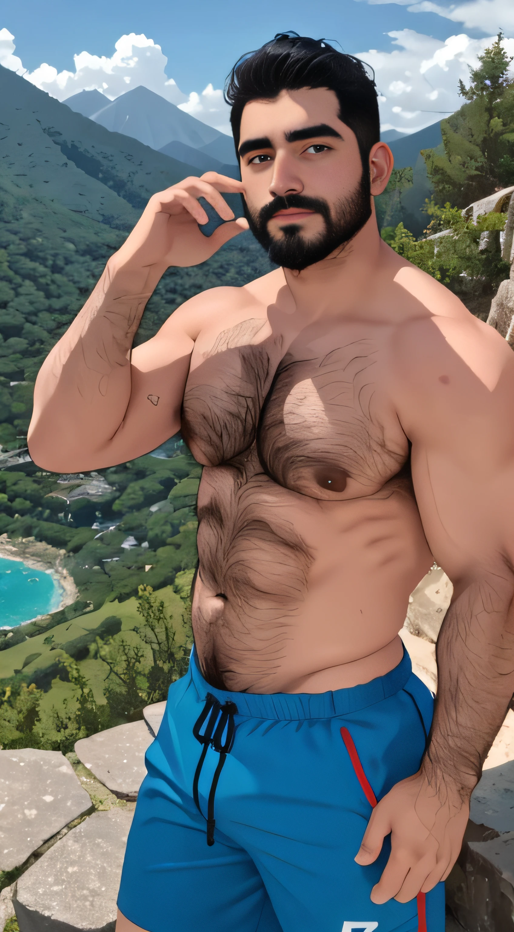 barbado, Shirtless man standing in front of a mountain with falls, Super buff y cool, pecho peludo y cuerpo peludo, pecho peludo, Pelo en el pecho, 40-year-old man :: atletic, pecho peludo desnudo, vello escaso en el pecho, cuerpos peludos, torso peludo parcialmente masculino, inspirado por Maluma