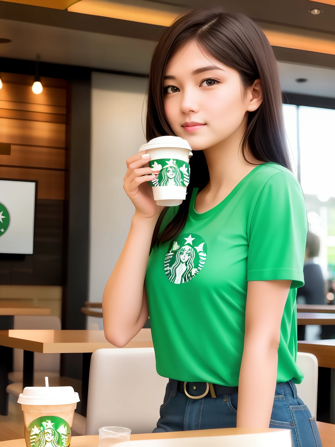 American Girl drinking coffee in Starbucks cafe, green tshirt, green theme, real person, cinematic, dslr, real person