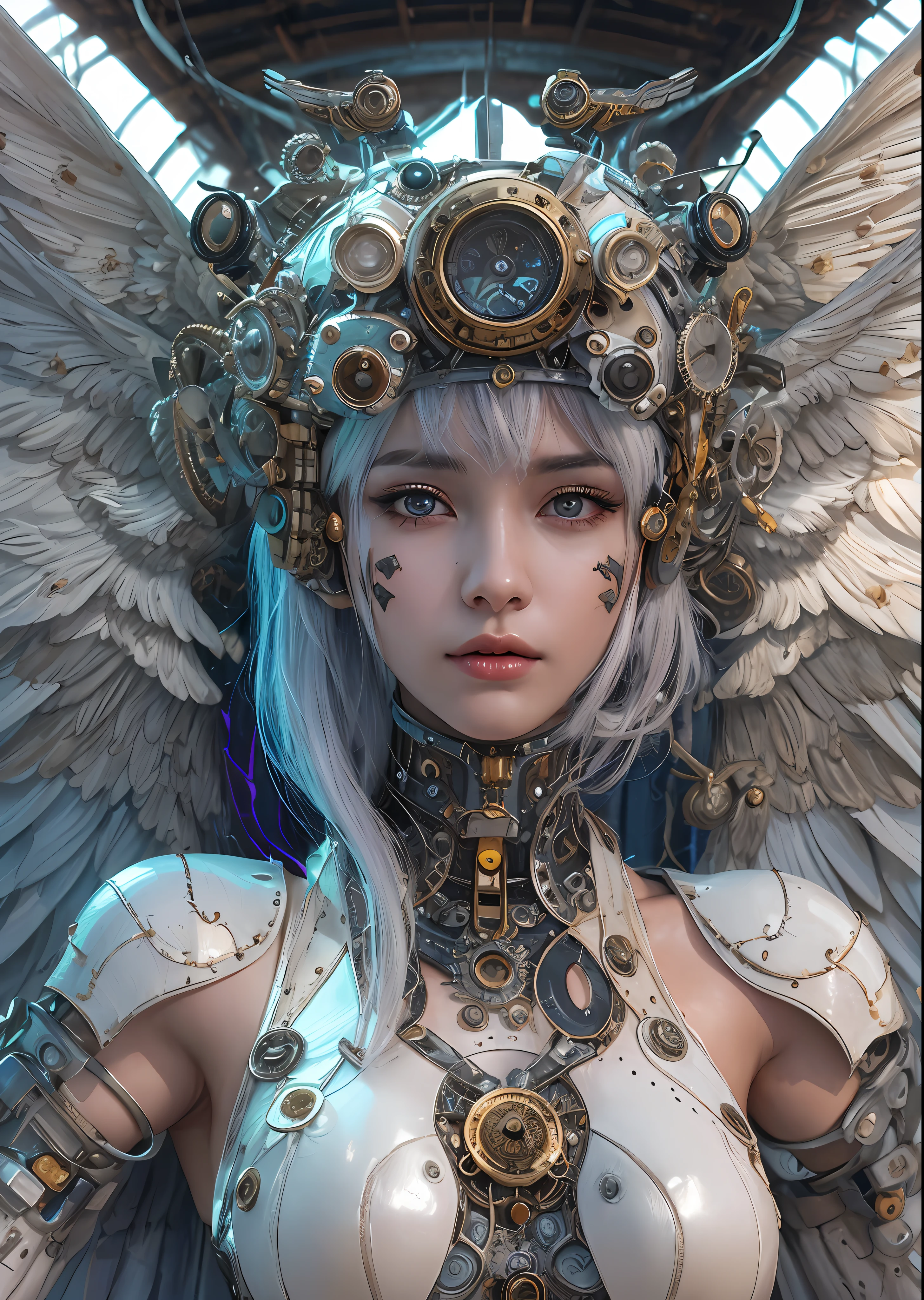 top-quality、​masterpiece、超A high resolution、(Photorealsitic:1.4)、Raw photo、Steampunk Battle Cyborg Angel、large wings made of metal、White porcelain body、Acrylic Clear Cover、white  hair、glowy skin、1 steampunk cyborg girl、((super realistic details))、portlate、globalillumination、Shadow、octan render、8K、ultrasharp、character edge light,Colossal tits、Raw skin is exposed in cleavage、Details of complex ornaments、Details of the steam engine、Hydraulic cylinder、Small LED lamp、highly intricate detail、Realistic light、a purple eye、radiant eyes、Facing the camera、neon details、cowboy  shot、Futuristic headgear、About steampunk、、