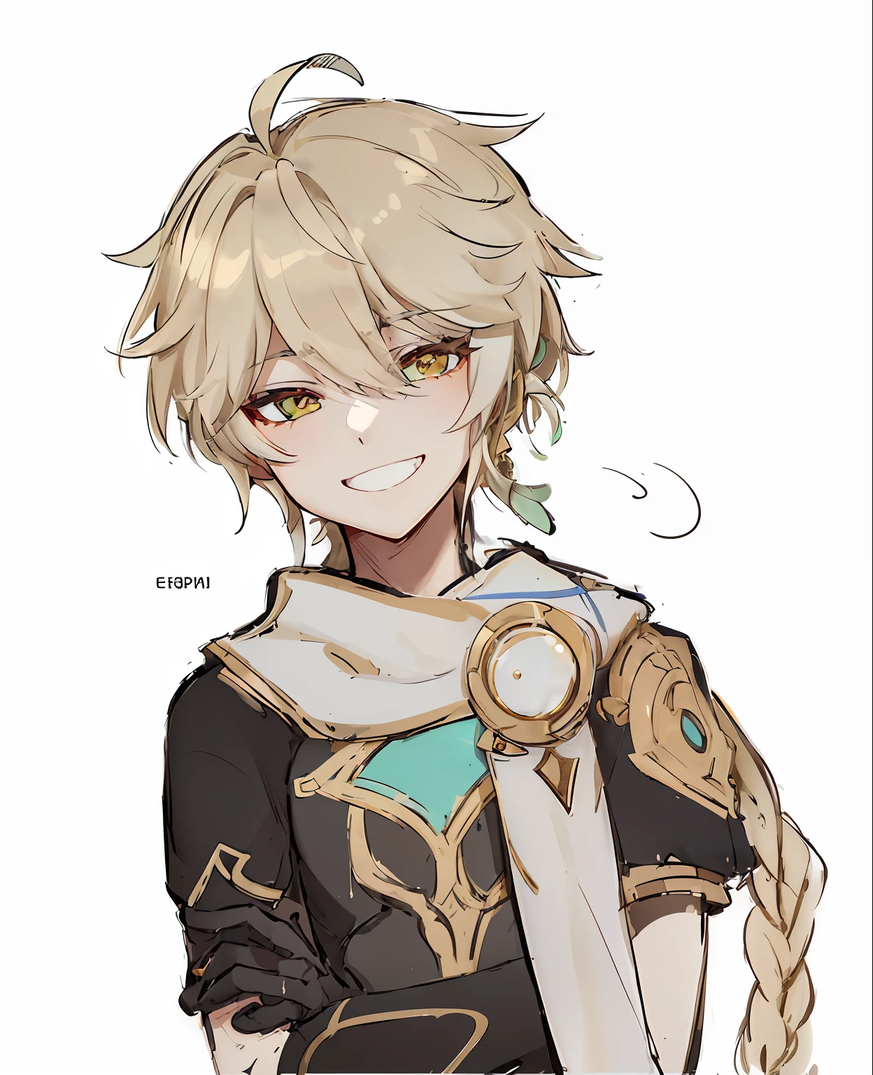 a drawing of a young man with long hair and a sword, keqing from genshin impact, genshin impact character, genshin, botw style, key anime art, beautiful androgynous prince, delicate androgynous prince, zhongli from genshin impact, handsome guy in demon slayer art, happy smile face, happy, smile, big smile