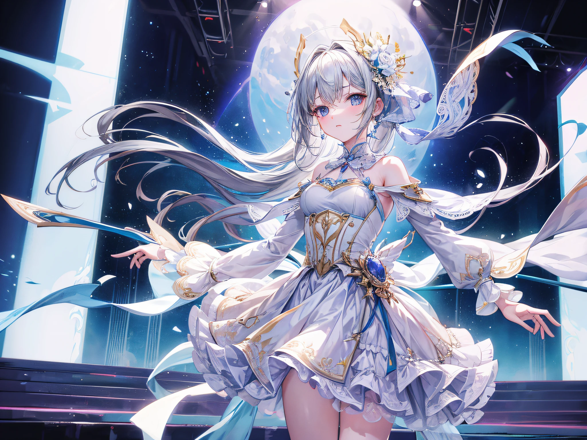 Masterpiece,HighestQuali,one-girl,Stand on stage and sing,Delicate facial features,white backgrounid