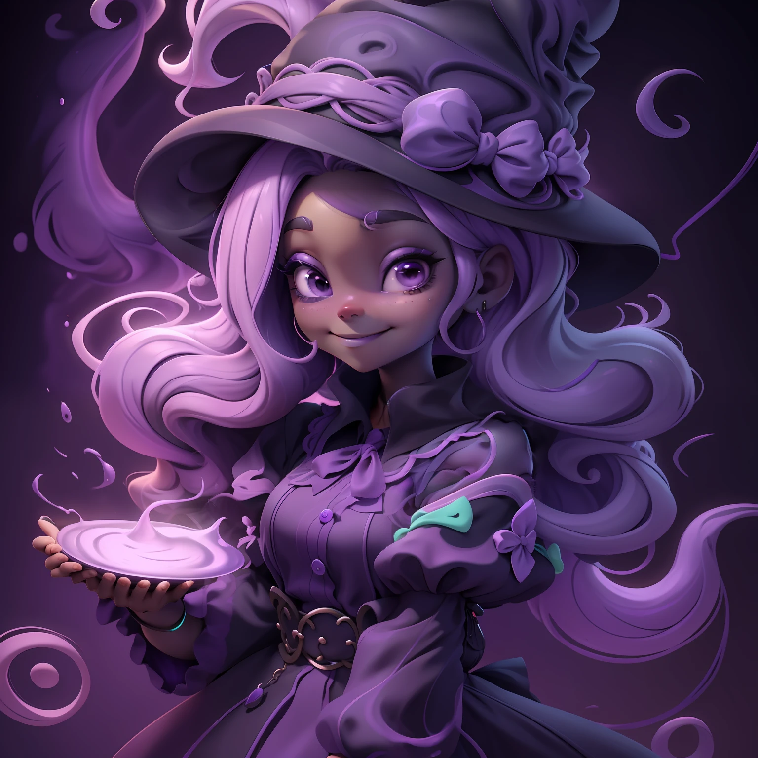  velho, (velho), Slime cabelo bun estilo de cabelo, dark purple and lilac gum, witch hat, sorrindo, fofa e delicada, roupas rave com detalhes neon, stirring in the cauldron, gato preto fofo, morcego pequeno e delicado, master part, best quality