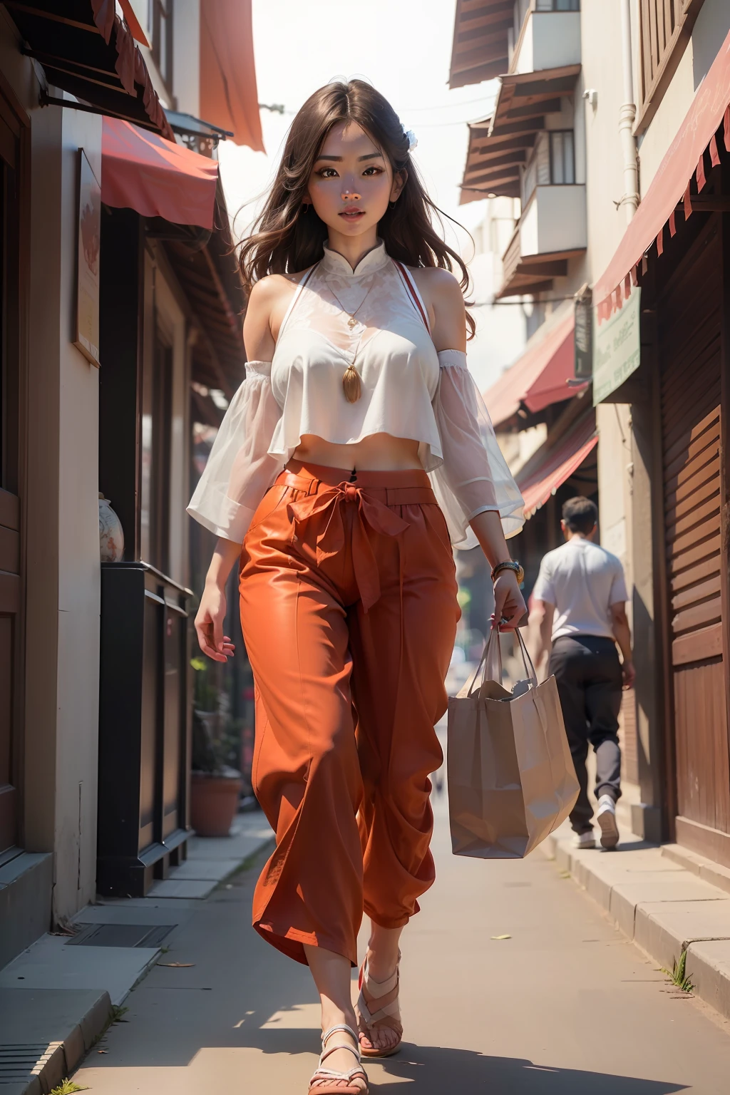 (Best quality: 1.4), (Ultra High resolution: 1.2), (Realistic: 1.4), (8k, RAW photo: 1.2), (Medium lens: 1.4), (brown eyes), Girl walking down the street, wearing (Red Thai elephant harem pants: 1.3), (White top: 1.2), (Beautiful shoes), (Natural light), (Edge light)