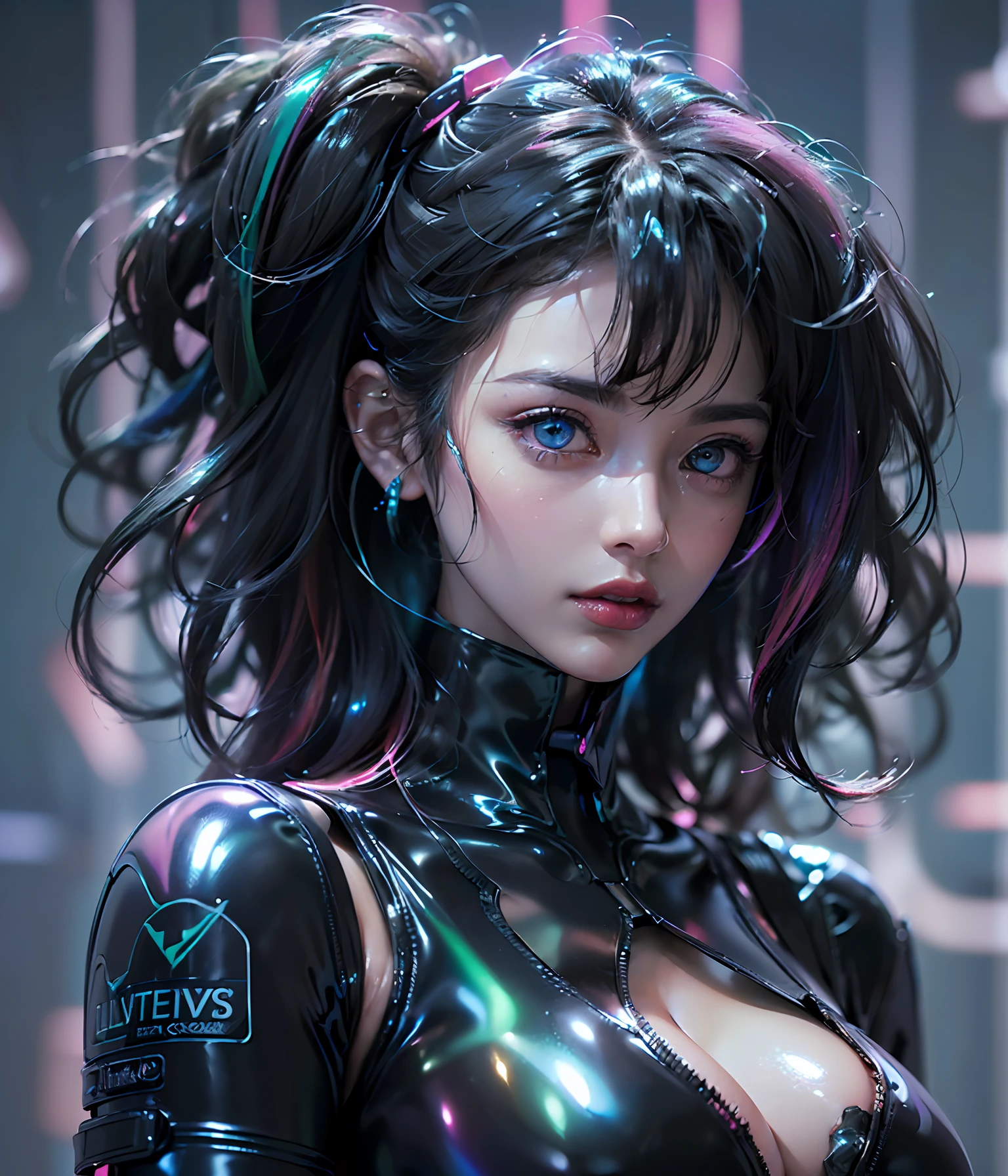 (((Perfect Portrait shot of Girl))), ((extremely long flowing curly cyberpunk hair)), best image quality, masterpiece, super high resolution, (fidelity:1.4), photo, (((1 girl))) dim, darkness, movie, (translucent futuristic black outfit and clothes:1.5), (translucent clothes:1.4), ((cyberpunk)), cyber gear, ((robot)), apocalypse, futuristic, (((overly large hanging breasts))), ((perfect and sharp facial features ((portrait)), (((dynamic shot))), ((perfect body)), ((award winning super realistic photo)), (((extremely tight reflective shiny latex))), textured pastel color background, colourful, vibrant, ((gorgeous perfect multicoloured reflective eyes))