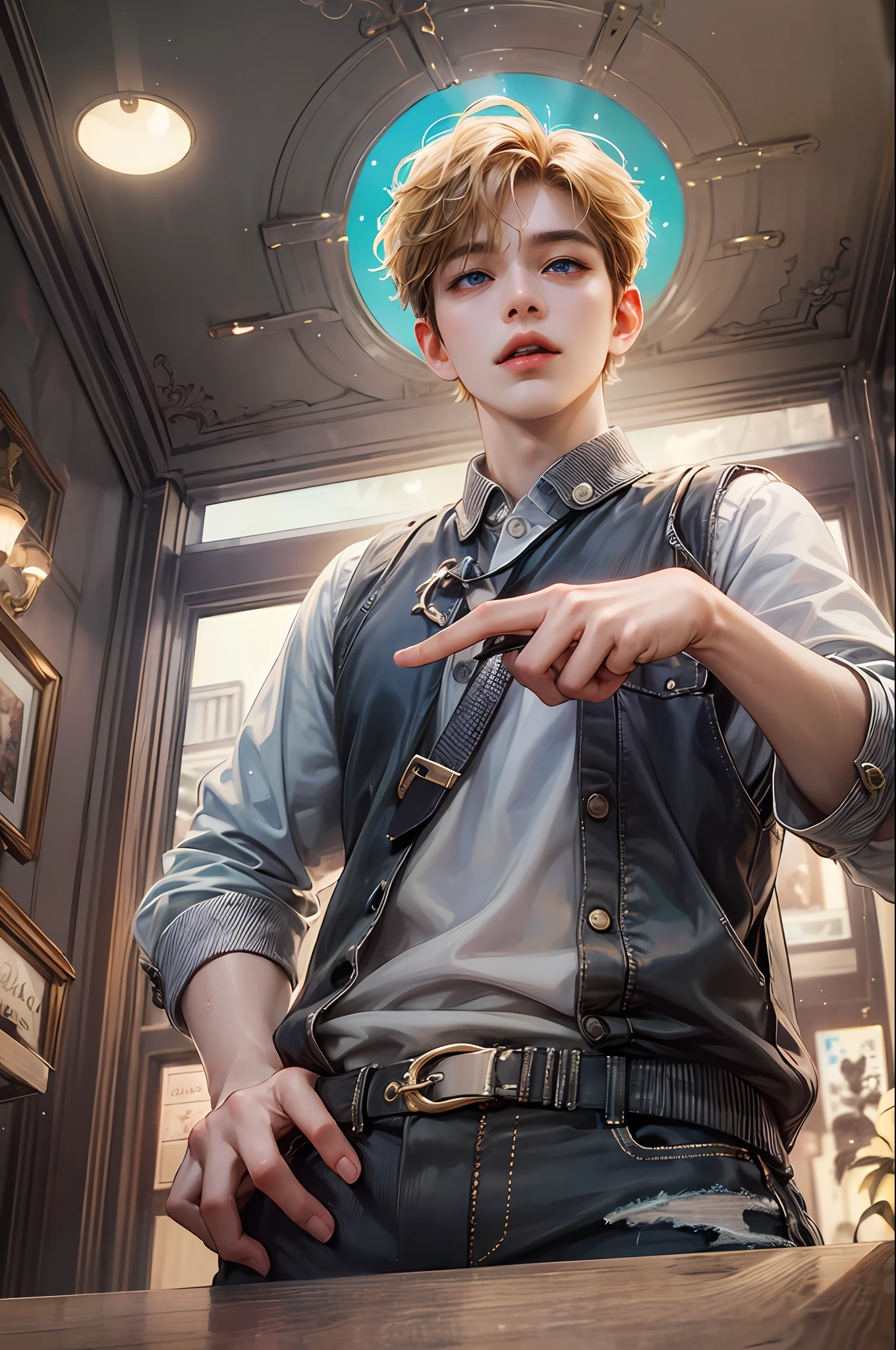 Boy, (((from below))), paris cafe, foreshortening, (seductive pose), looking at viewer, mad, blackcutoffs, (eye contact), korean guy, blonde short hair, blue eyes, photorealistic, masterpiece, realistic, high contrast, hyper detailed, best quality, ultra high res, photorealistic, high resolution, detailed, raw photo,