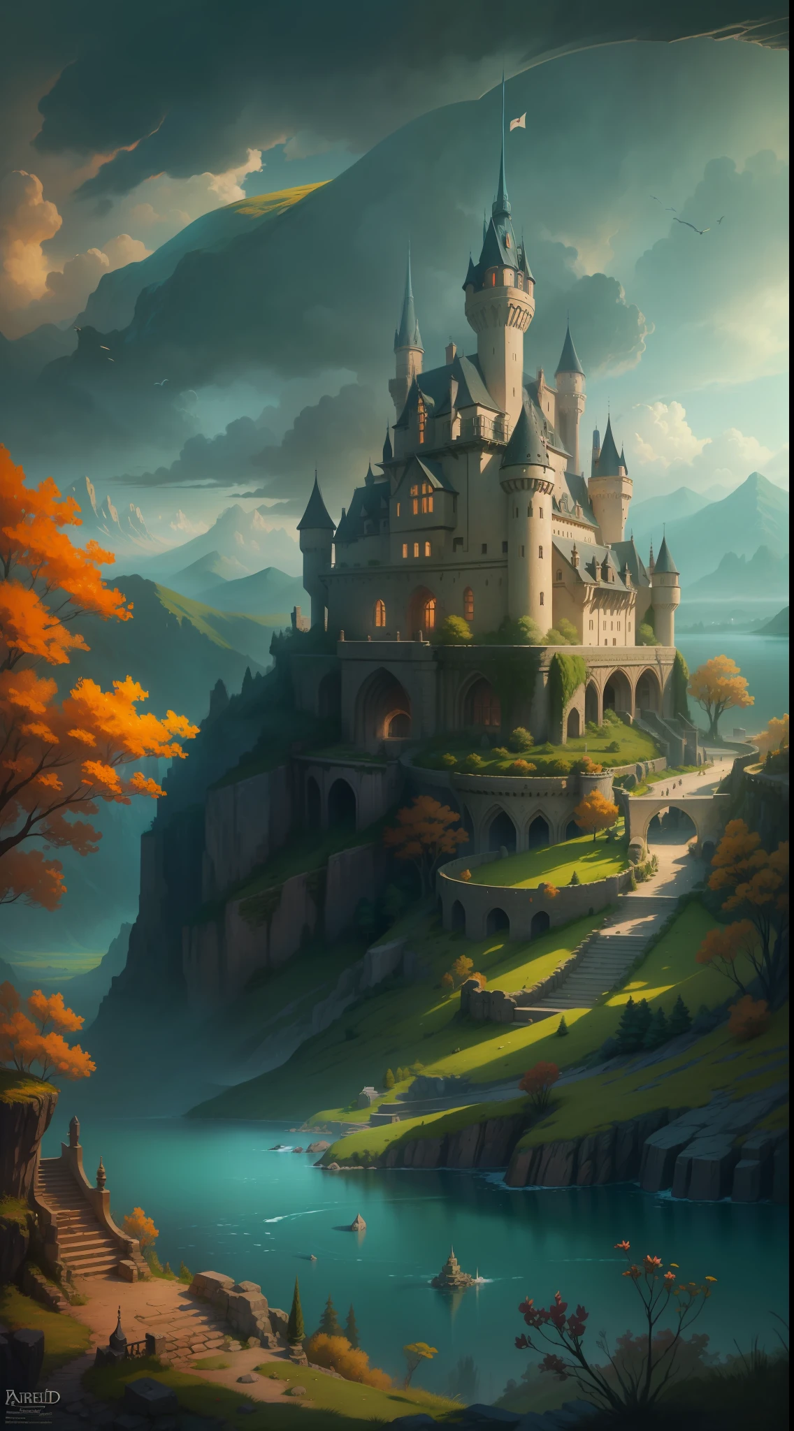 arafed castle on a hill overlooking a body of water, fantasy background, background artwork, amazing wallpaper, magnificent background, fantasy painting hd, beautiful wallpaper, hd wallpaper, high quality desktop wallpaper, digital art fantasy, dream scenery art, epic fantasy art style hd, fantasy art landscape, beautiful fantasy art, fantasy beautiful, hd fantasy art, breathtaking fantasy art, amazing background