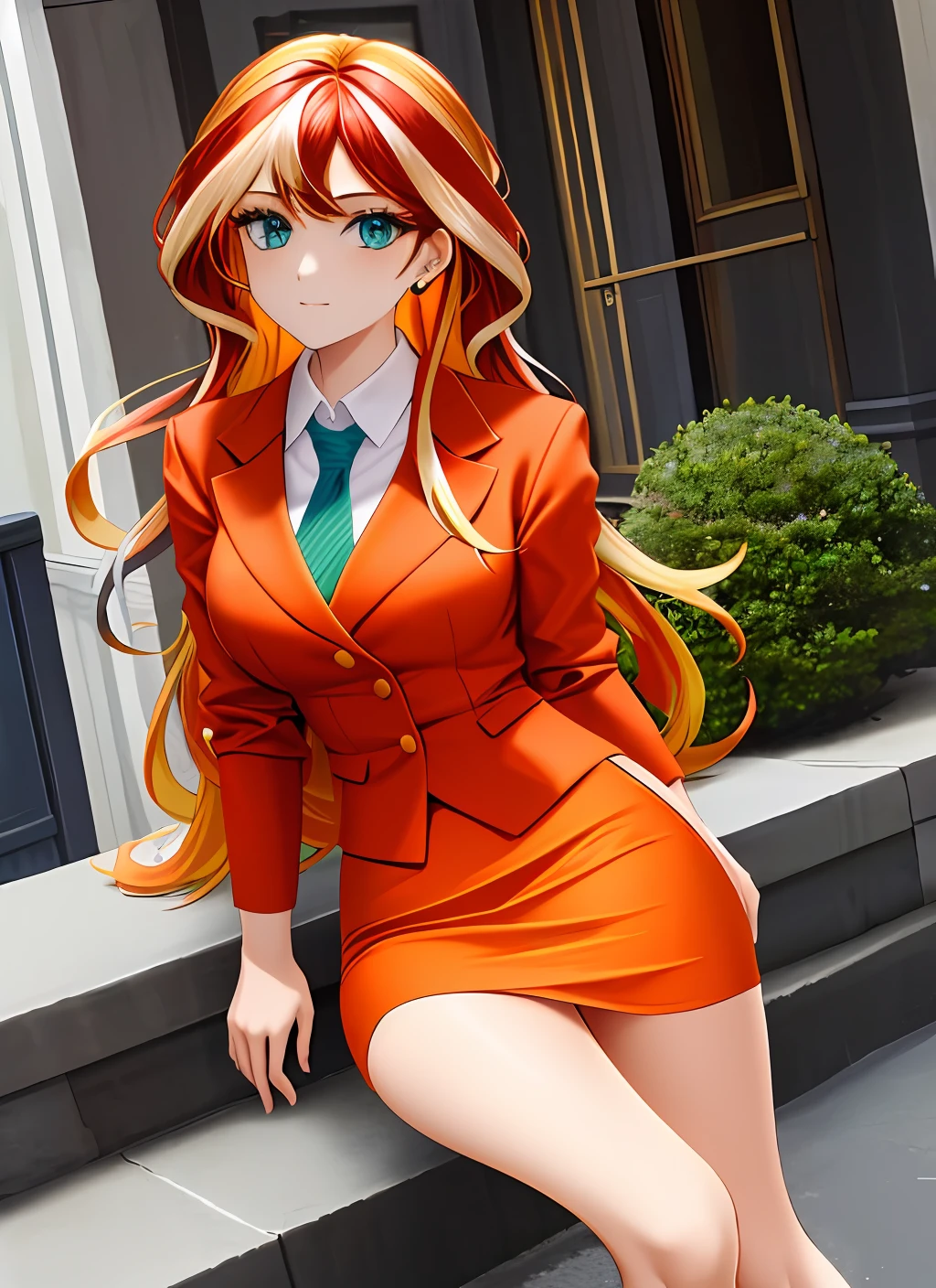 ((best quality)), ((highly detailed)), masterpiece, (detailed eyes, deep eyes), (1girl), SunsetHuman, (multicolored hair, (two-tone hair:1.1), red and blonde hair), BREAK, aqua eyes, orange skirt suit, orange blazer, closed blazer, orange skirt, pencil skirt, tight skirt, bare legs, high heels, full body, office