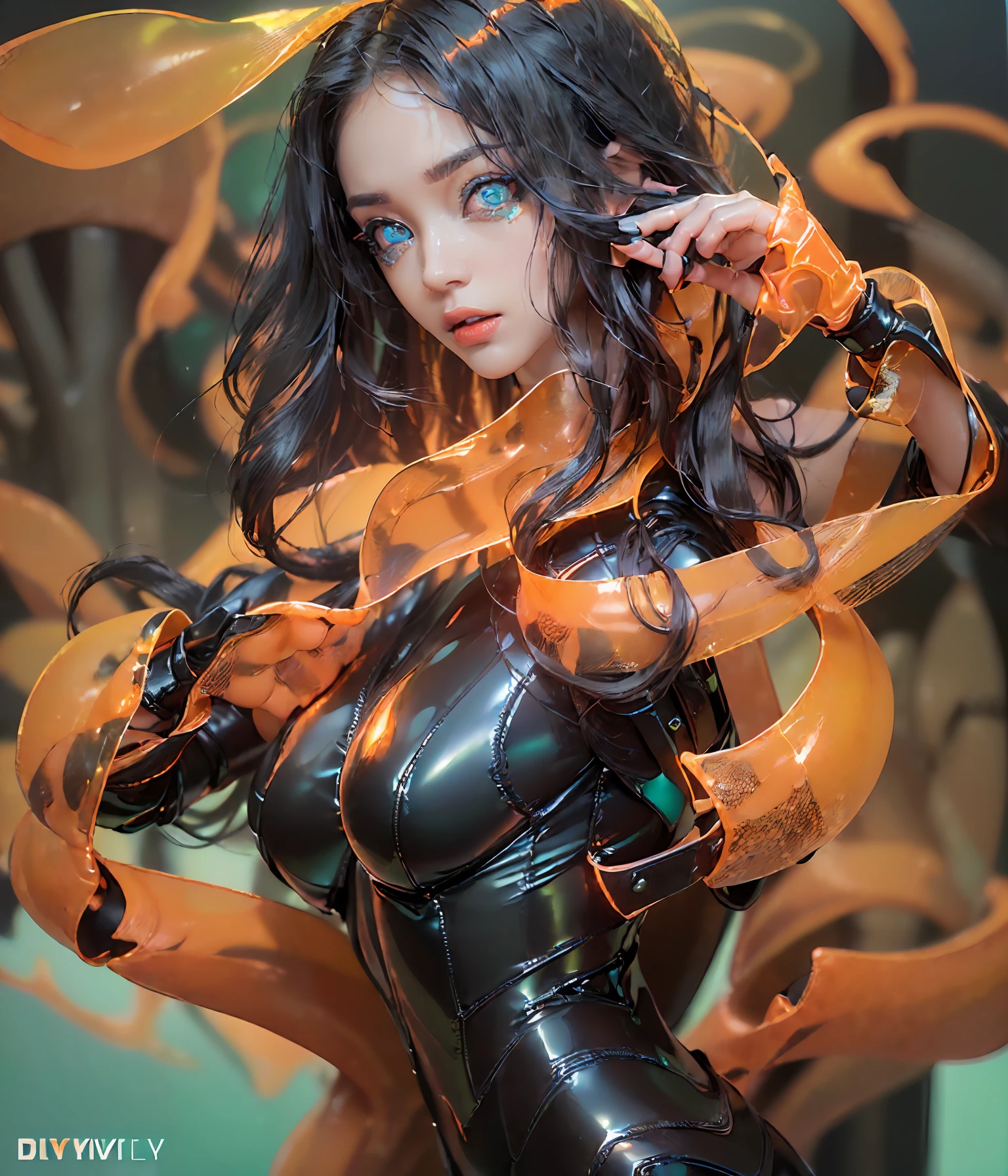 (((Perfect Portrait shot of Girl))), ((extremely long flowing curly cyberpunk hair)), best image quality, masterpiece, super high resolution, (fidelity:1.4), photo, (((1 girl))) dim, darkness, movie, (translucent futuristic black outfit and clothes:1.5), (translucent clothes:1.4), ((cyberpunk)), cyber gear, ((robot)), apocalypse, futuristic, (((overly large hanging breasts))), ((perfect and sharp facial features ((portrait)), (((dynamic shot))), ((perfect body)), ((award winning super realistic photo)), (((extremely tight orange reflective shiny latex))), (((textured pastel color background, colourful, vibrant, ((gorgeous perfect reflective eyes))
