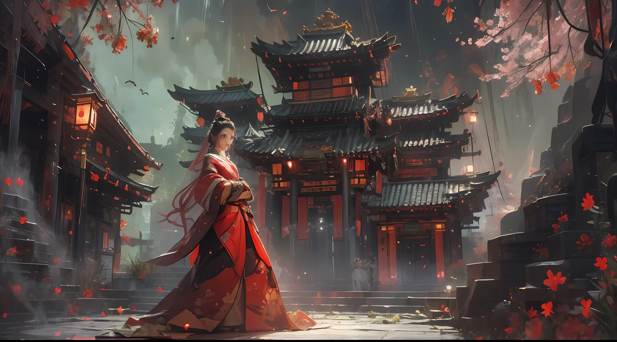 （tmasterpiece：1.2），best qualtiy，realisticlying，Tyndall effect，Underworld marriage，Spooky atmosphere，natta，Red palace lamp， The tree， scenecy， exteriors， "Young, Handsome and beautiful aristocratic couple traveling in the underworld，Detailed eyes，Clear facial features"，Japanese clothes， east asian architecture， buliding， Skysky， nigh sky， stairways，amaryllis