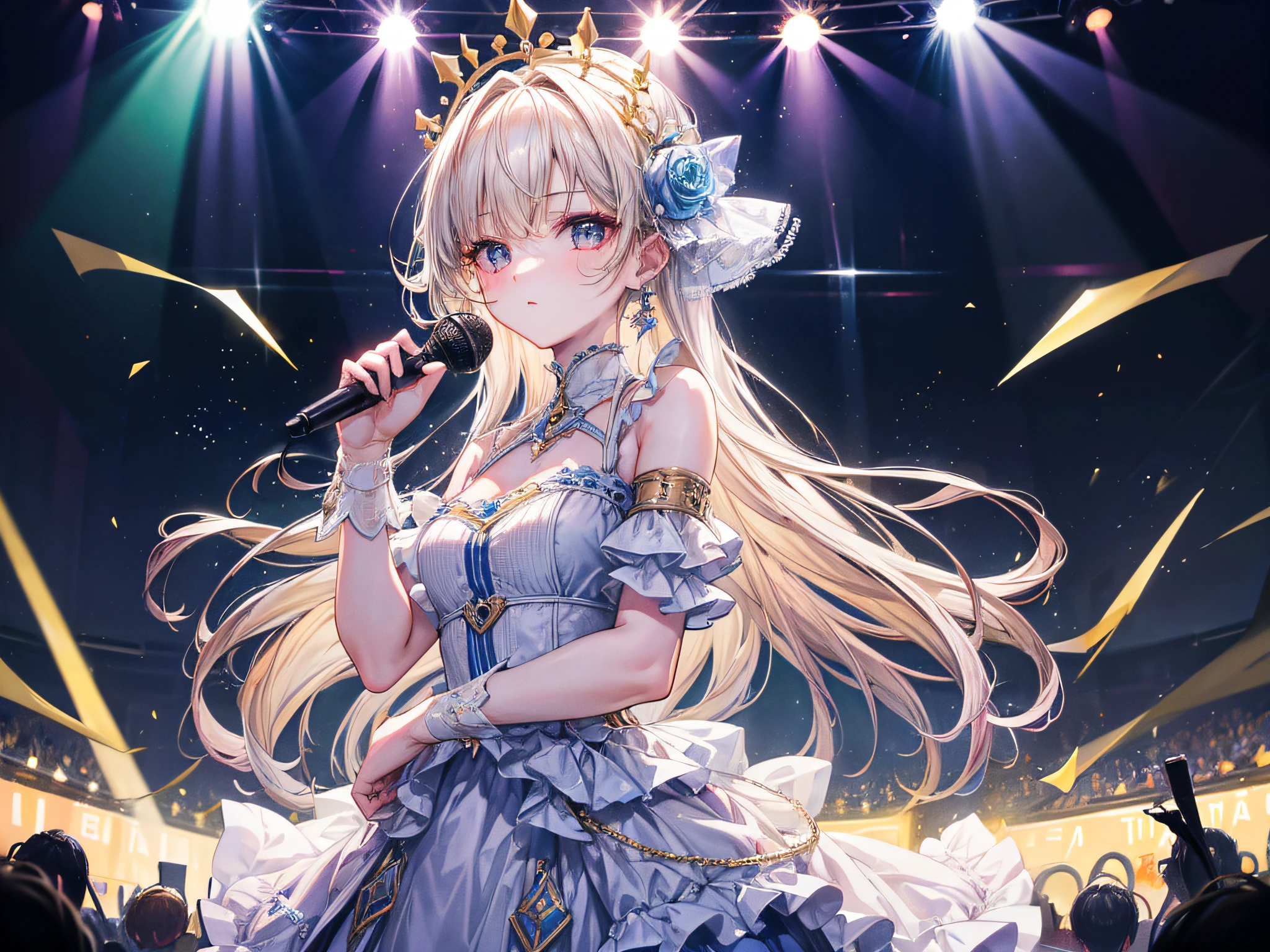 Masterpiece，HighestQuali，one-girl，Stand on stage and sing，Delicate facial features，Concert scene，light stick，Auxiliary lights，camera