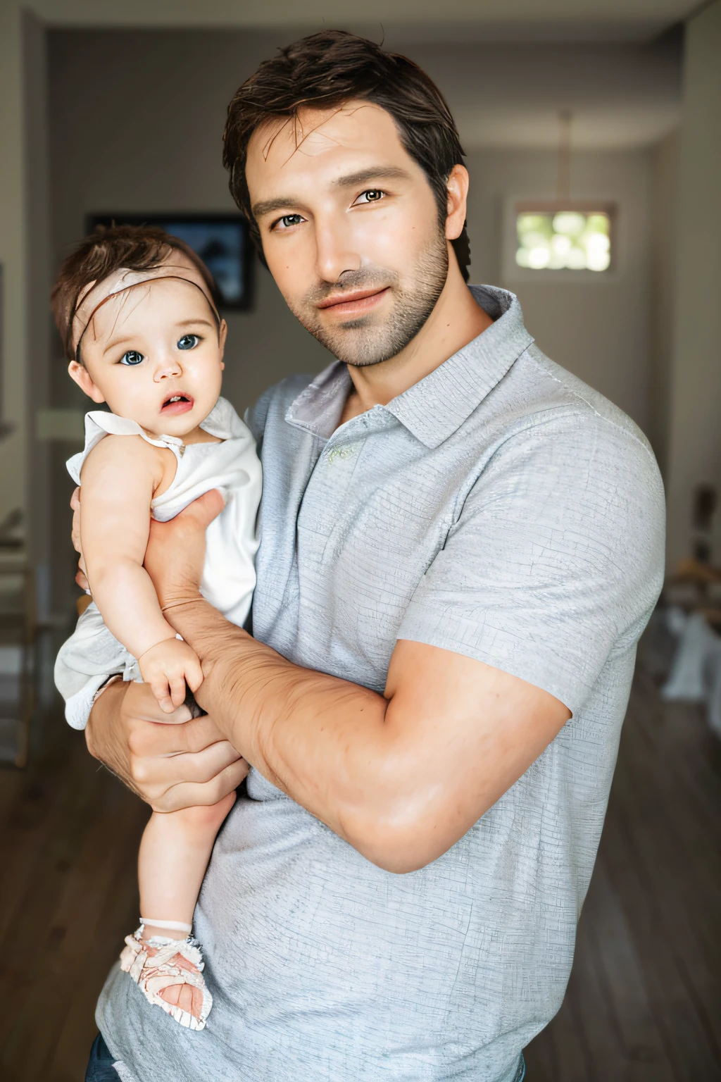 A closeup of a man holding a baby in a living room, pai com filho, imagem de perfil, foto do perfil, foto comercial, Chris Haas e Bernini, full protrait, imagem retrato, home fotografia retrato, Christian Weston Chandler, Nate Berkus, Directed by: Juan O'Gorman, Millaise e Greg Rutkowski, testa larga paterna carinhosa, imagem do avatar