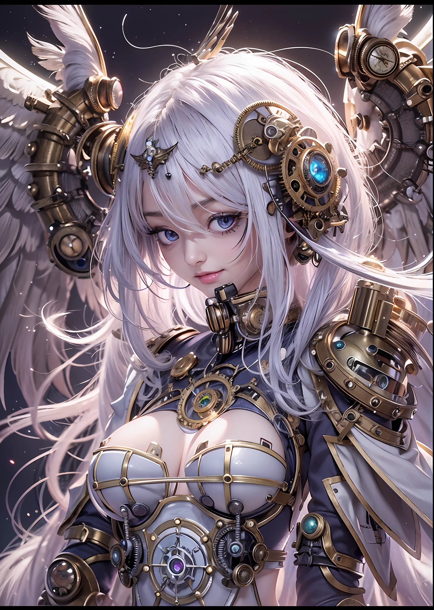 top-quality、masterpiece、超A high resolution、(Photorealsitic:1.4)、Raw photo、Steampunk Battle Cyborg Angel、large wings made of metal、White porcelain body、Acrylic Clear Cover、white hair、glowy skin、1 steampunk cyborg girl、((super realistic details))、portlate、globalillumination、Shadow、octan render、8K、ultrasharp、character edge light,Colossal tits、Raw skin is exposed in cleavage、Details of complex ornaments、Details of the steam engine、Hydraulic cylinder、Small LED lamp、highly intricate detail、Realistic light、a purple eye、radiant eyes、Facing the camera、neon details、cowboy shot、Futuristic headgear、About steampunk、、