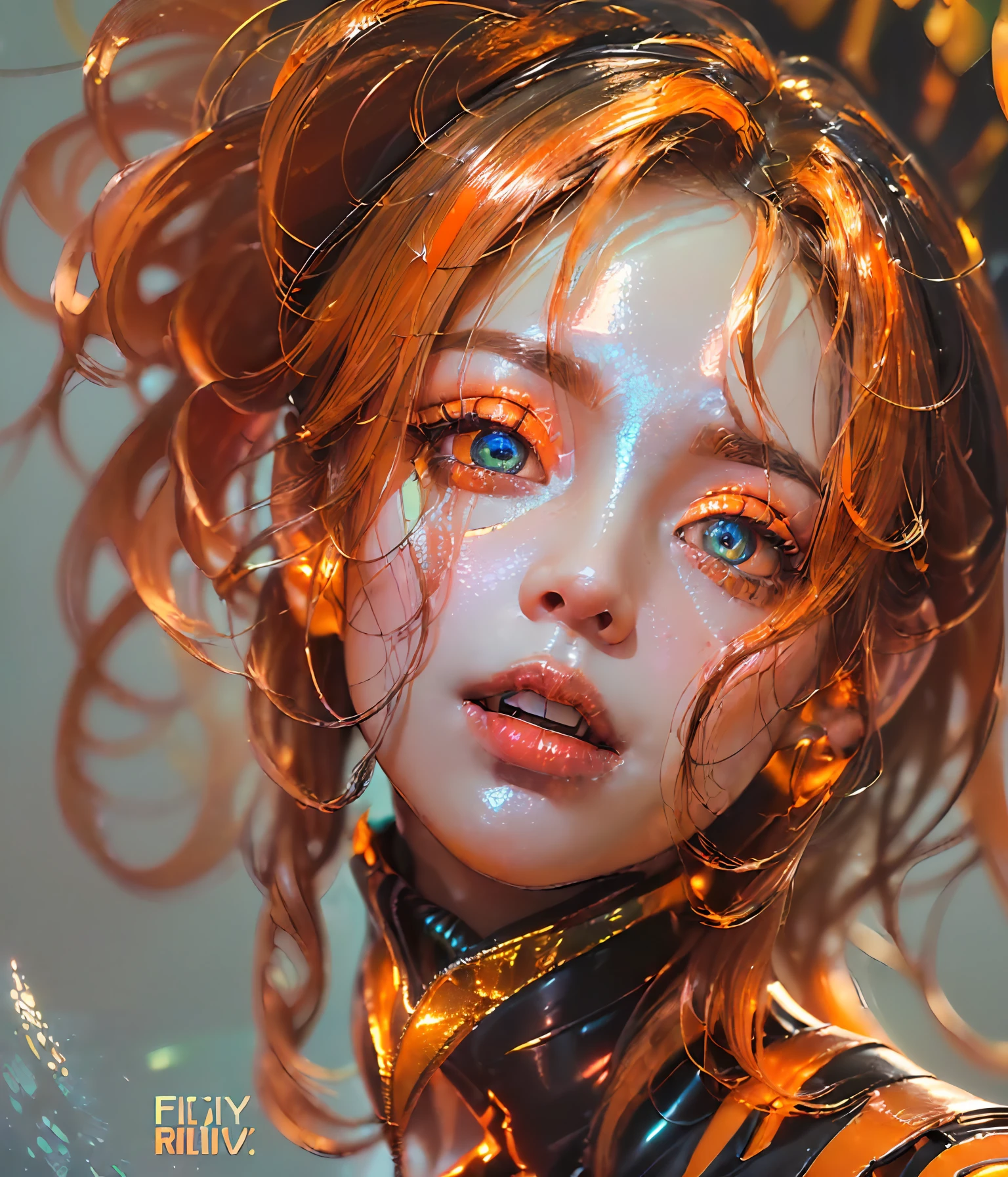 (((Perfect Portrait shot of Girl))), ((extremely long flowing curly cyberpunk hair)), best image quality, masterpiece, super high resolution, (fidelity:1.4), photo, (((1 girl))) dim, darkness, movie, (translucent futuristic black outfit and clothes:1.5), (translucent clothes:1.4), ((cyberpunk)), cyber gear, ((robot)), apocalypse, futuristic, (((overly large hanging breasts))), ((perfect and sharp facial features ((portrait)), (((dynamic shot))), ((perfect body)), ((award winning super realistic photo)), (((extremely tight orange reflective shiny latex))), (((textured pastel color background, colourful, vibrant, ((gorgeous perfect reflective eyes))