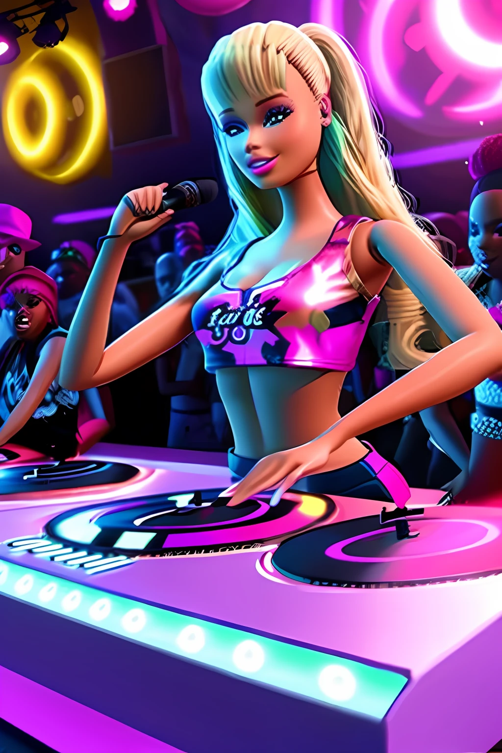 ts_barbie, a DJ, showcasing her skills on the turntables at a vibrant rave."