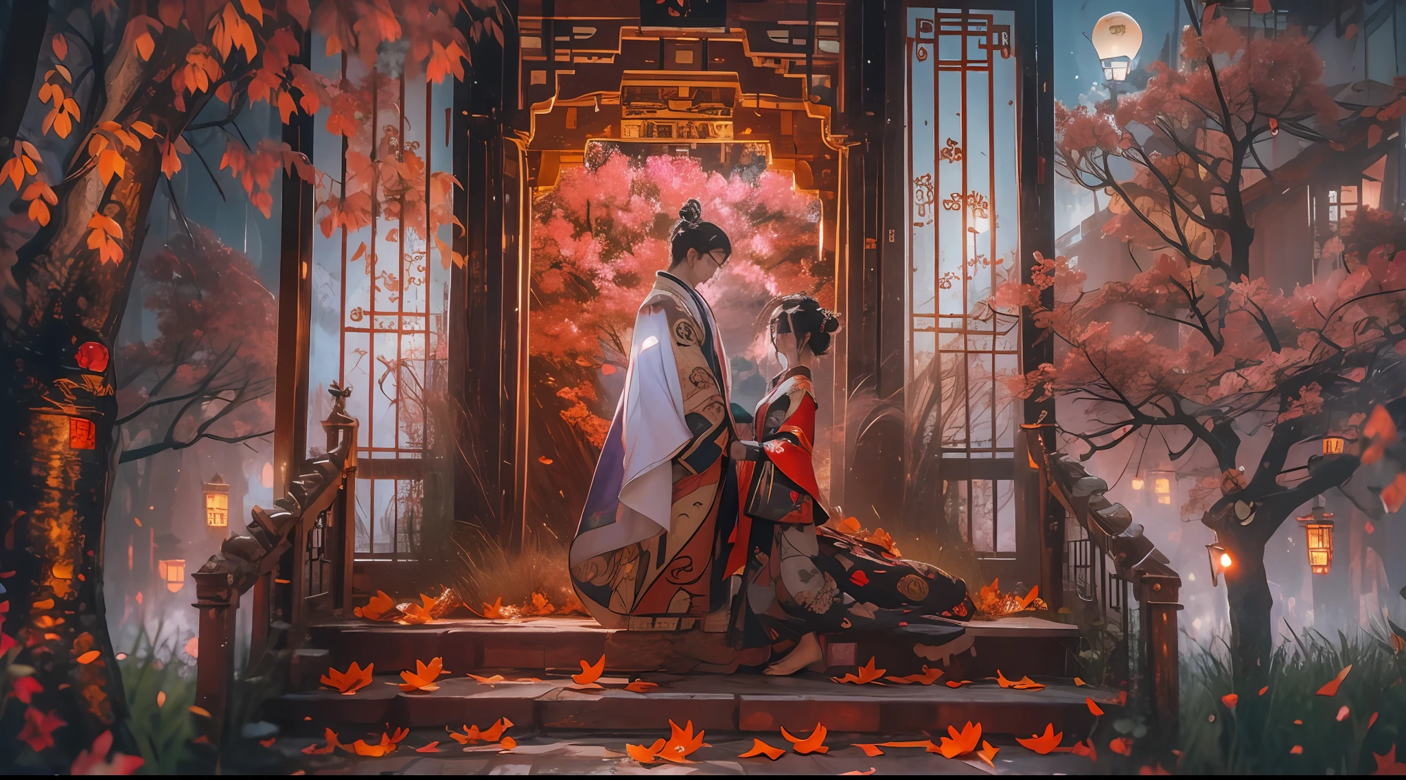 （tmasterpiece：1.2），best qualtiy，realisticlying，Tyndall effect，Underworld marriage，Spooky atmosphere，natta，Red palace lamp， The tree， scenecy， exteriors， "Young, Handsome and beautiful aristocratic couple traveling in the underworld，Detailed eyes，Clear facial features"，Japanese clothes， east asian architecture， buliding， Skysky， nigh sky， stairways，amaryllis