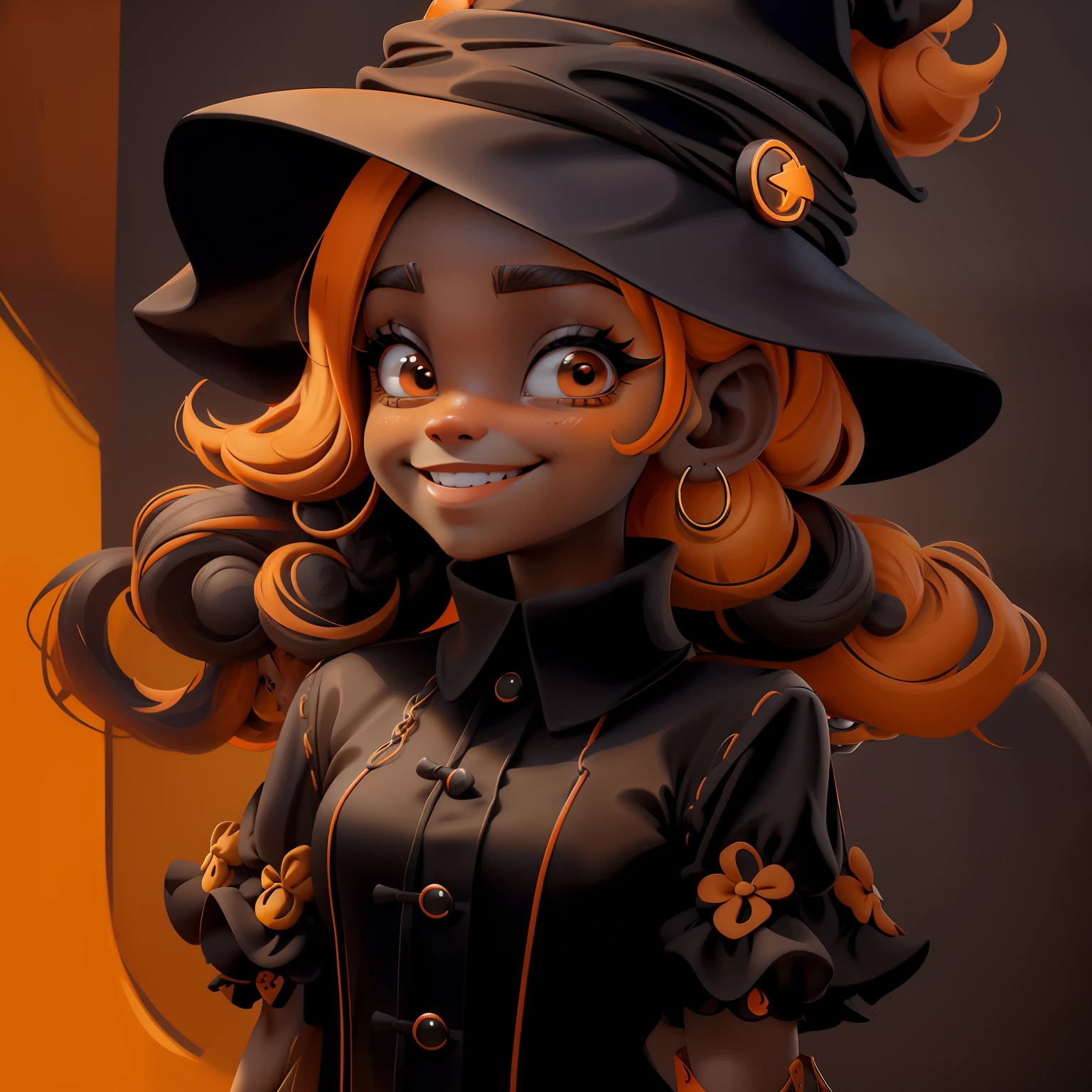 menina velho, (velho), Slime cabelo bun estilo de cabelo, dark Orange and Black gum, witch hat, sorrindo, fofa e delicada, roupas rave com detalhes neon, master part, best quality