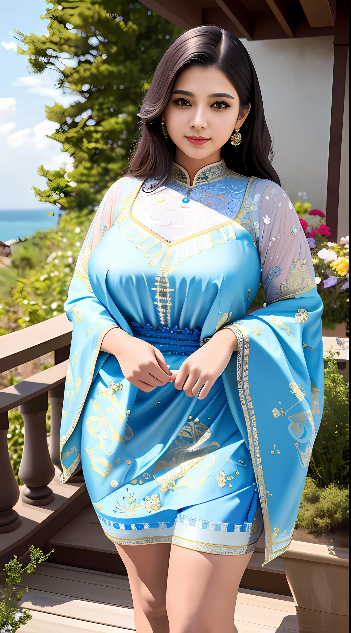 best quality, masterpiece, 1girl, 25 year old indian girl, big breasts, big hips, curvy, Beautiful face, (photo realistic:1.3), rim lighting, (high detailed skin:1.2), 8k uhd, dslr, high quality, high resolution, 4k, 8k, Bokeh, absurdres, best ratio four finger and one thumb, (realistic:1.3), cute 1girl, Wearing white and blue porcelain dress, highly detailed, hyper realistic