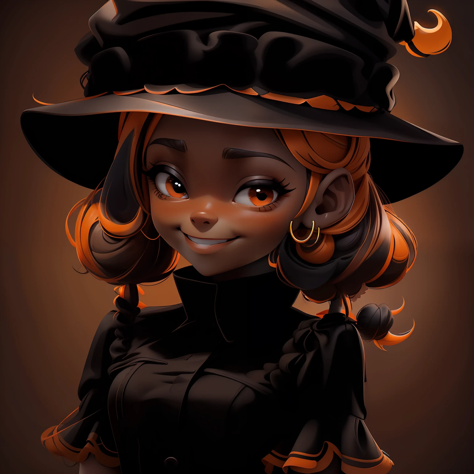 velho, (velho), Slime cabelo bun estilo de cabelo, dark Orange and Black gum, witch hat, sorrindo, fofa e delicada, roupas rave com detalhes neon, master part, best quality