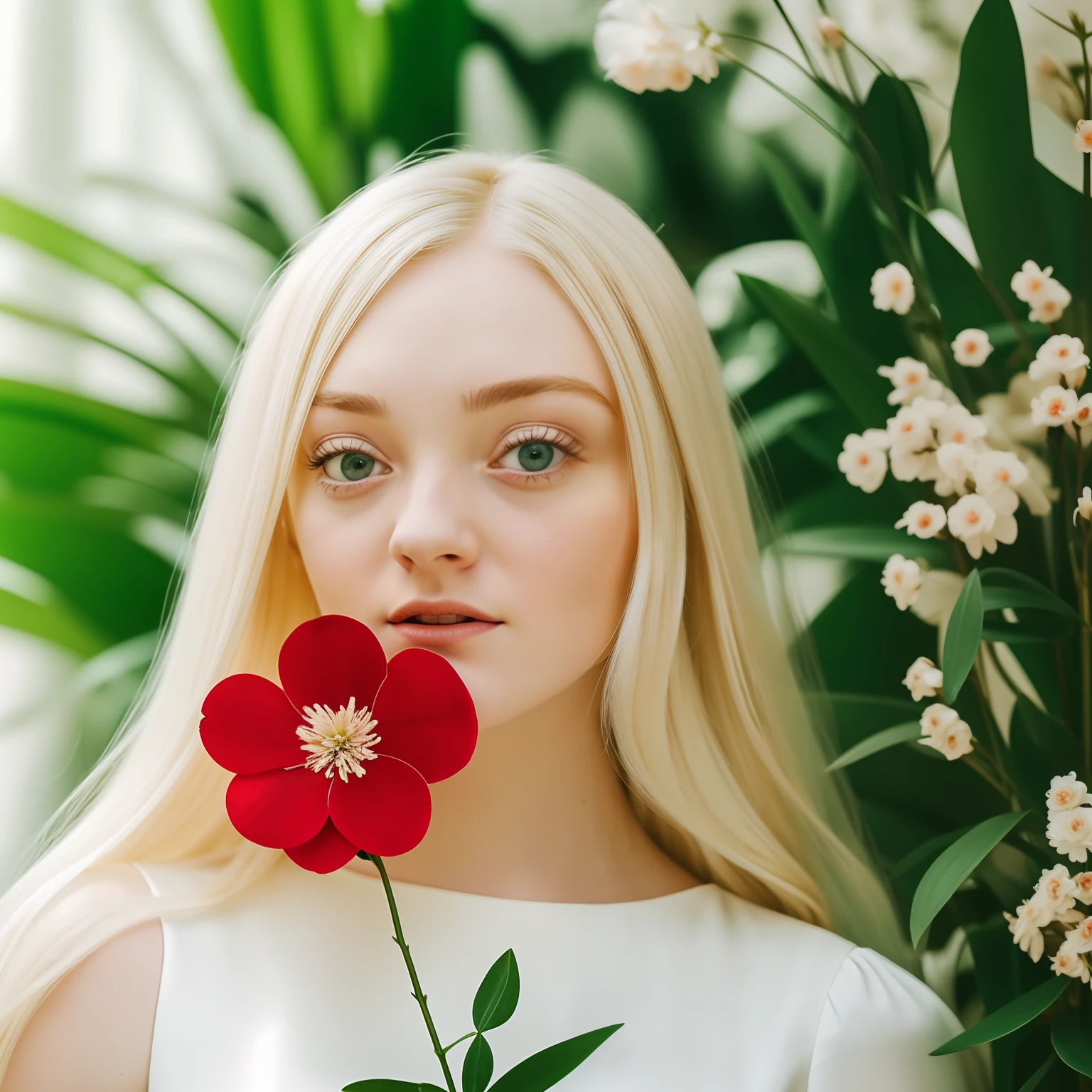 blond woman in white dress holding a red flower in front of a plant, with flowers, holding a flower, dakota fanning, woman in flowers, photoshoot for skincare brand, with frozen flowers around her, soft portrait shot 8 k, female portrait with flowers, james jean soft light 4k, james jean soft light 4 k, flowers in background, a still of an ethereal