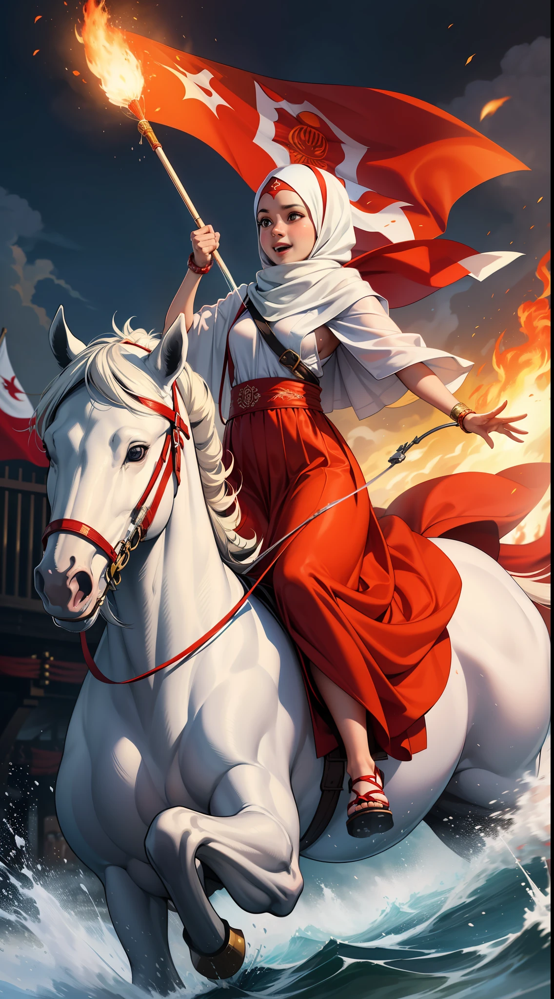 A little hijab girl, wearing a long skirt, ride a white horse, proudly holding a large red and white flag, with highly detailed eyes and face, exuding extreme happiness, celebrating Indonesian Independence Day, with splashes of water and fire in the background, creating a dramatic atmosphere.