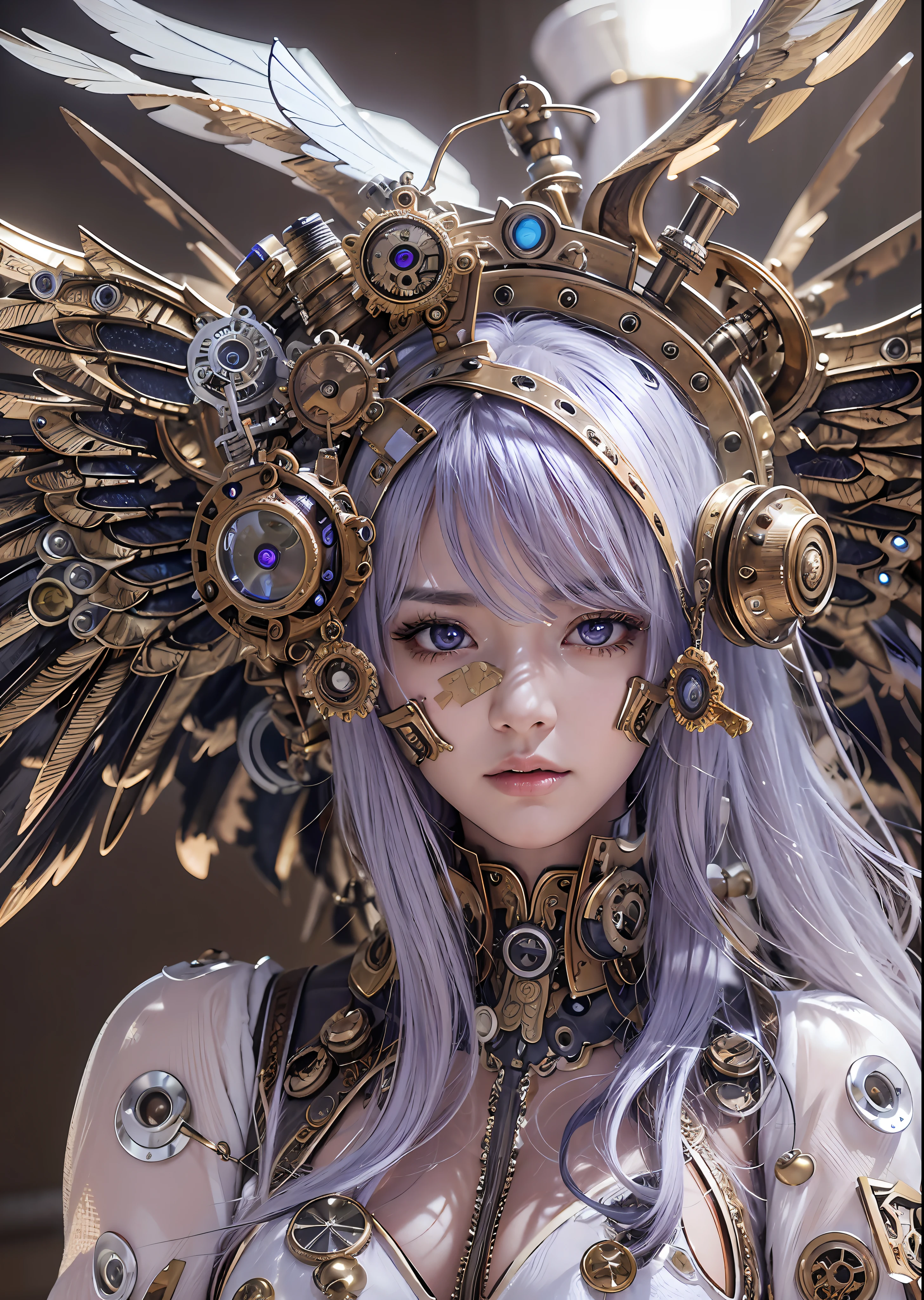 top-quality、​masterpiece、超A high resolution、(Photorealsitic:1.4)、Raw photo、Steampunk Battle Cyborg Angel、large wings made of metal、White porcelain body、Acrylic Clear Cover、white  hair、glowy skin、1 steampunk cyborg girl、((super realistic details))、portlate、globalillumination、Shadow、octan render、8K、ultrasharp、character edge light,Colossal tits、Raw skin is exposed in cleavage、Details of complex ornaments、Details of the steam engine、Hydraulic cylinder、Small LED lamp、highly intricate detail、Realistic light、a purple eye、radiant eyes、Facing the camera、neon details、cowboy  shot、Futuristic headgear、About steampunk、、
